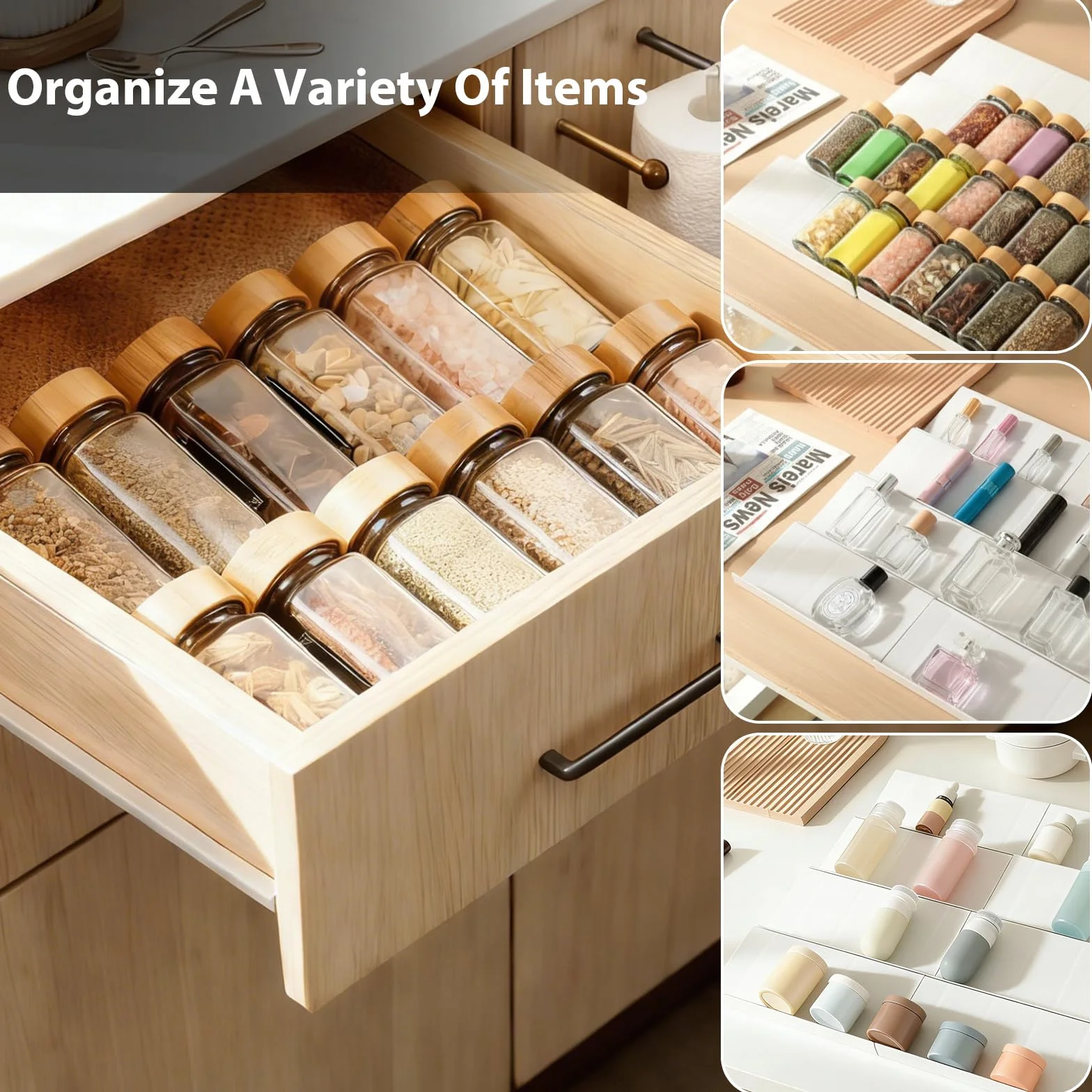 VINATO Organizador de Especias para Cajones Cocina, 8pcs Ajustable, Estante Extraíble para Especieros, Perfumes, Maquillaje, Blanco