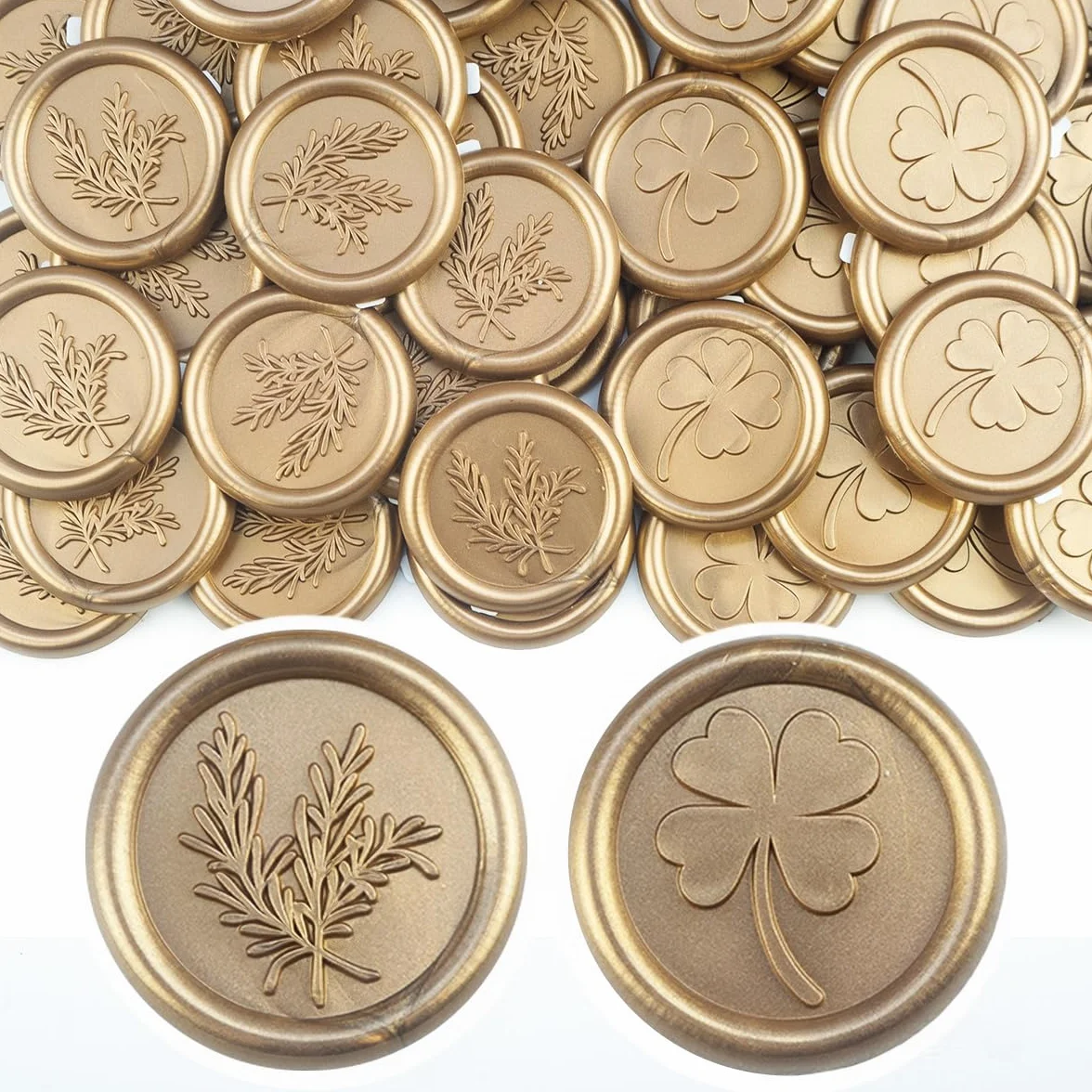 56 sellos de lacre adhesivos de bronce antiguo, con diseños de romero y trébol de cuatro hojas. Perfectos para invitaciones, Navidad, regalos y fiestas.