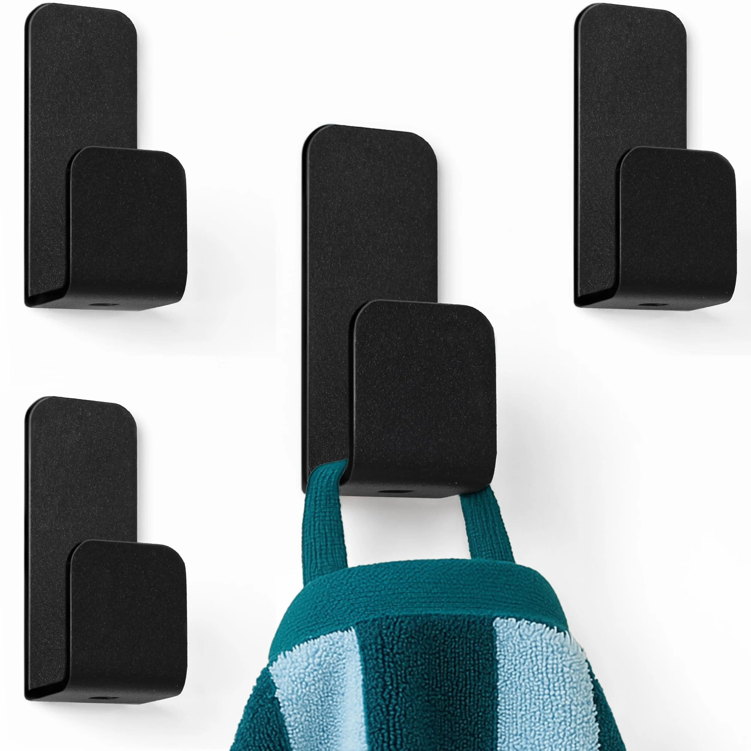 Pack 4 Ganchos Adhesivos para Pared | Colgadores Adhesivos Resistentes | Colgador Toalla Baño sin Taladro | Percha Baño, Dormitorio y Cocina | Negro Mate