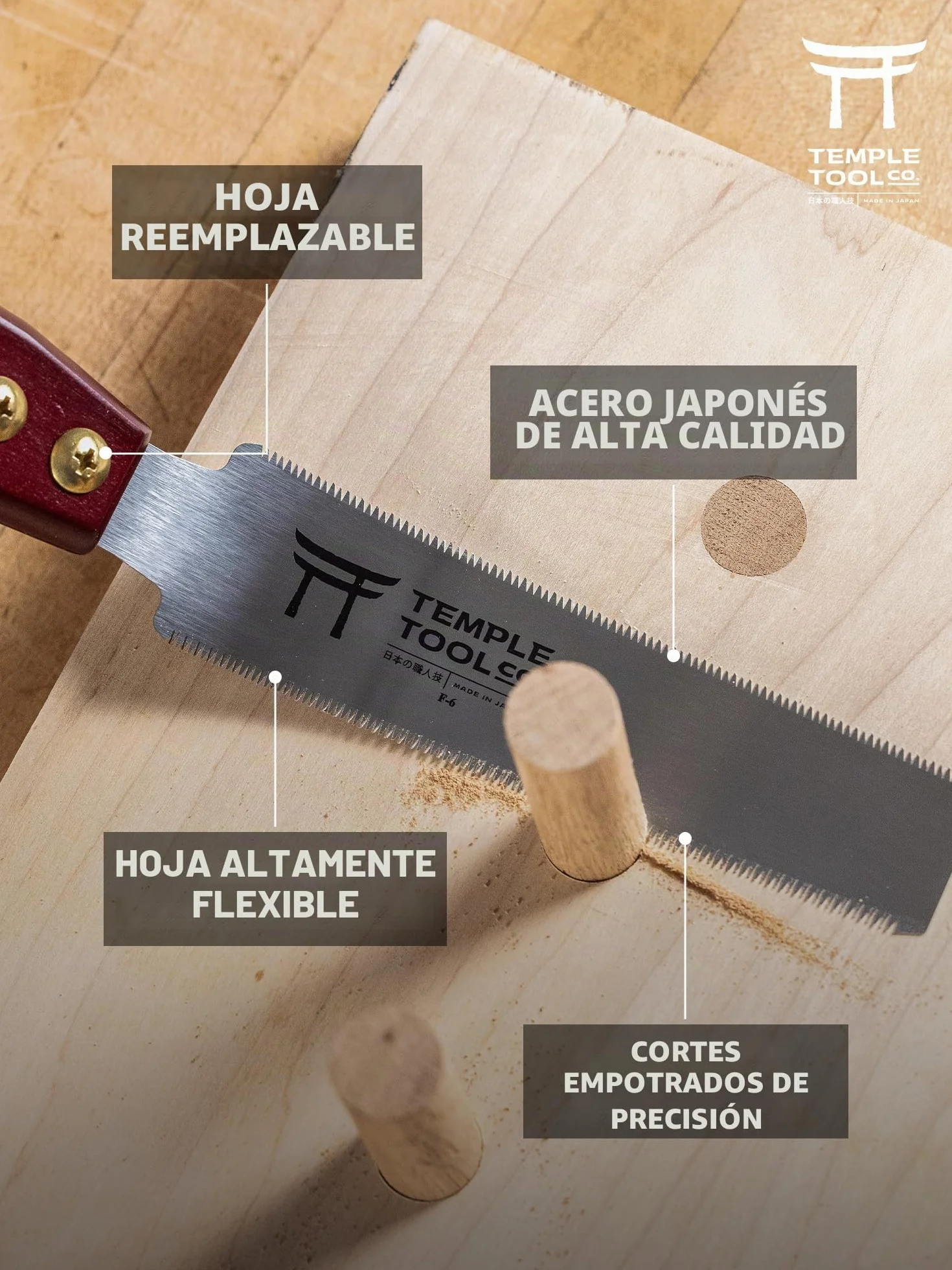 Temple Tool Co. Sierra Japonesa de Corte al Ras - Sierra de Tracción de Doble Filo de 6 Pulgadas para Corte al Ras de Espigas, Clavijas, Cuñas - Madera Dura Madera Blanda