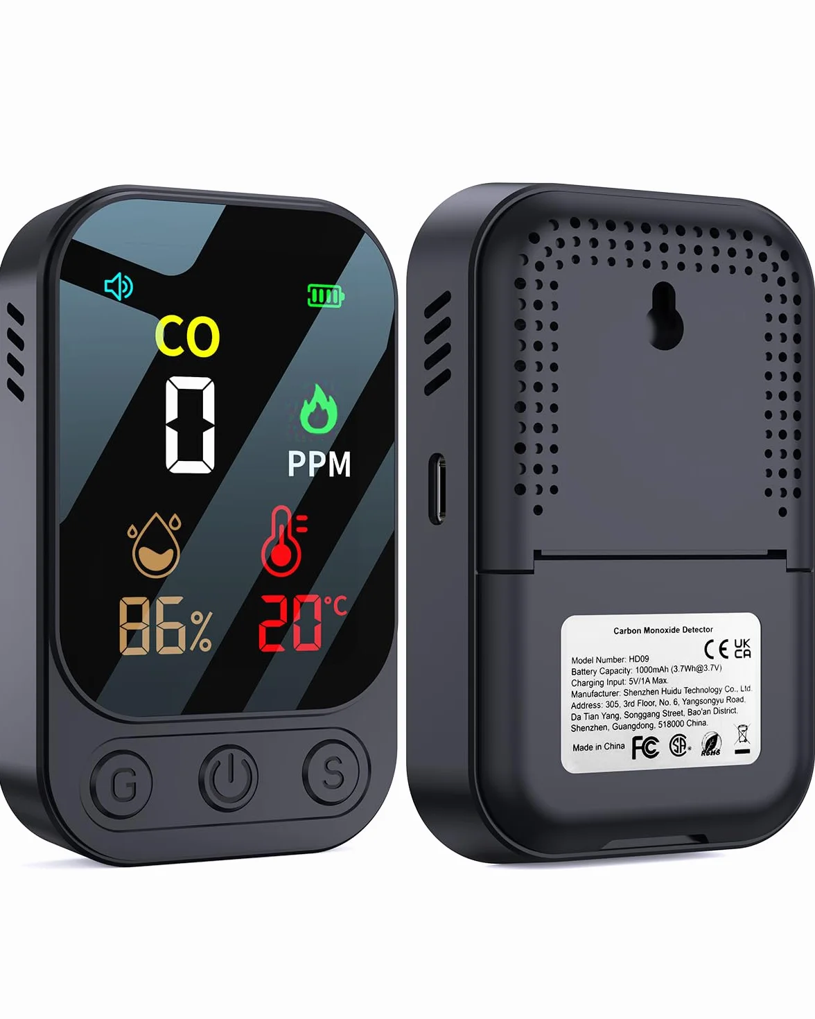 Detector de monóxido de carbono portátil 3 en 1, detector de monóxido de carbono recargable con indicador de temperatura y humedad, portátil para el hogar, caravana, camping, negro (negro)