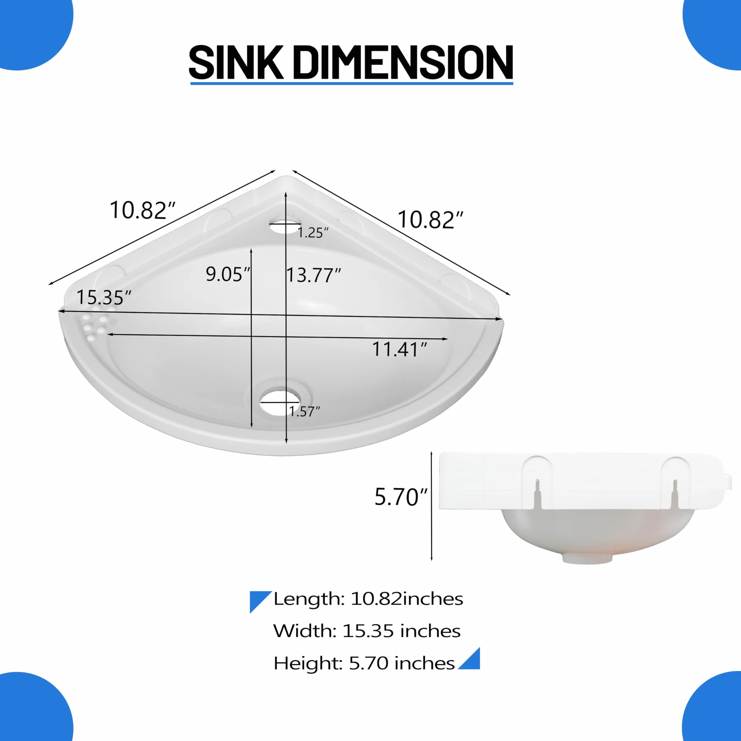 Fregadero de baño pequeño para montaje en pared, lavabo triangular sin taladro, autoadhesivo, 12 x 12 pulgadas con agujero para grifo de 1.26 pulgadas, mini fregadero de plástico para el hogar