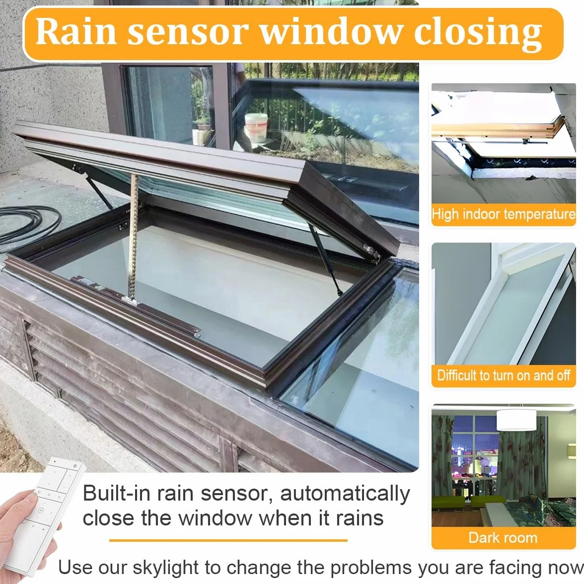 Ventana de Techo Eléctrica con Control Remoto, Tragaluz de Aluminio con Vidrio Templado Doble, Sensor de Lluvia Automático, Claraboya para Azotea, Sótano, Ático(White,LxW 70 x 70 cm)