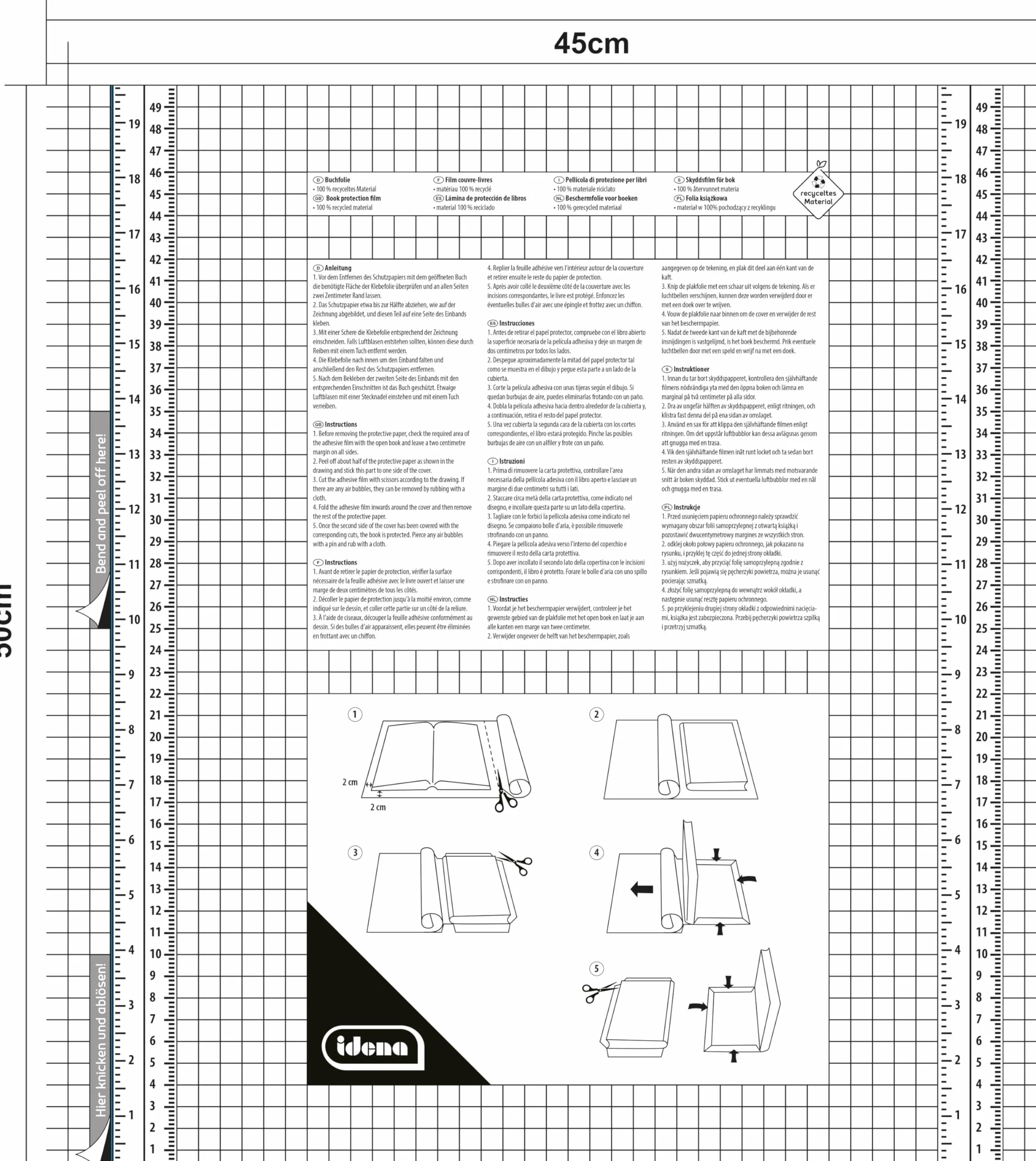 Idena Funda de libro autoadhesiva transparente 10 m x 45 cm, cubierta de plástico