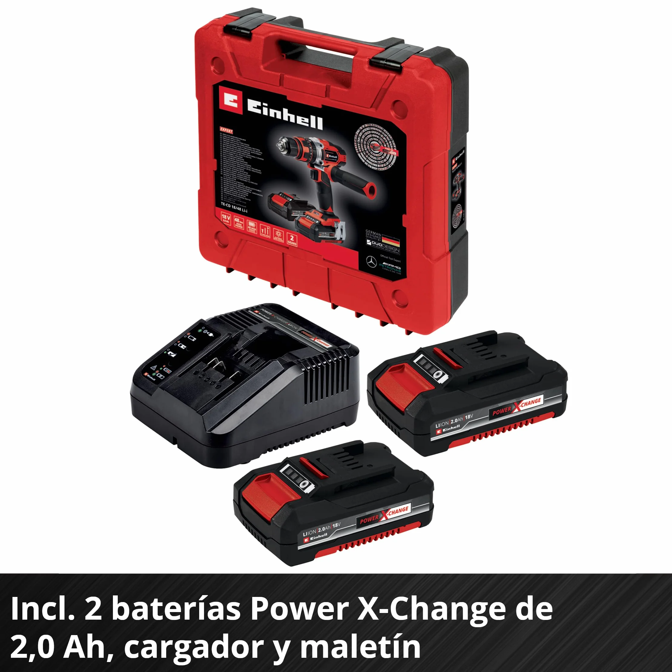 Einhell Taladro percutor sin cable TE-CD 18/48 Li-i (2x2,0 Ah) Power X-Change (iones de litio, incluye función de taladro de percusión, incluye 2 baterías de 2,0 Ah PXC, cargador y maletín)