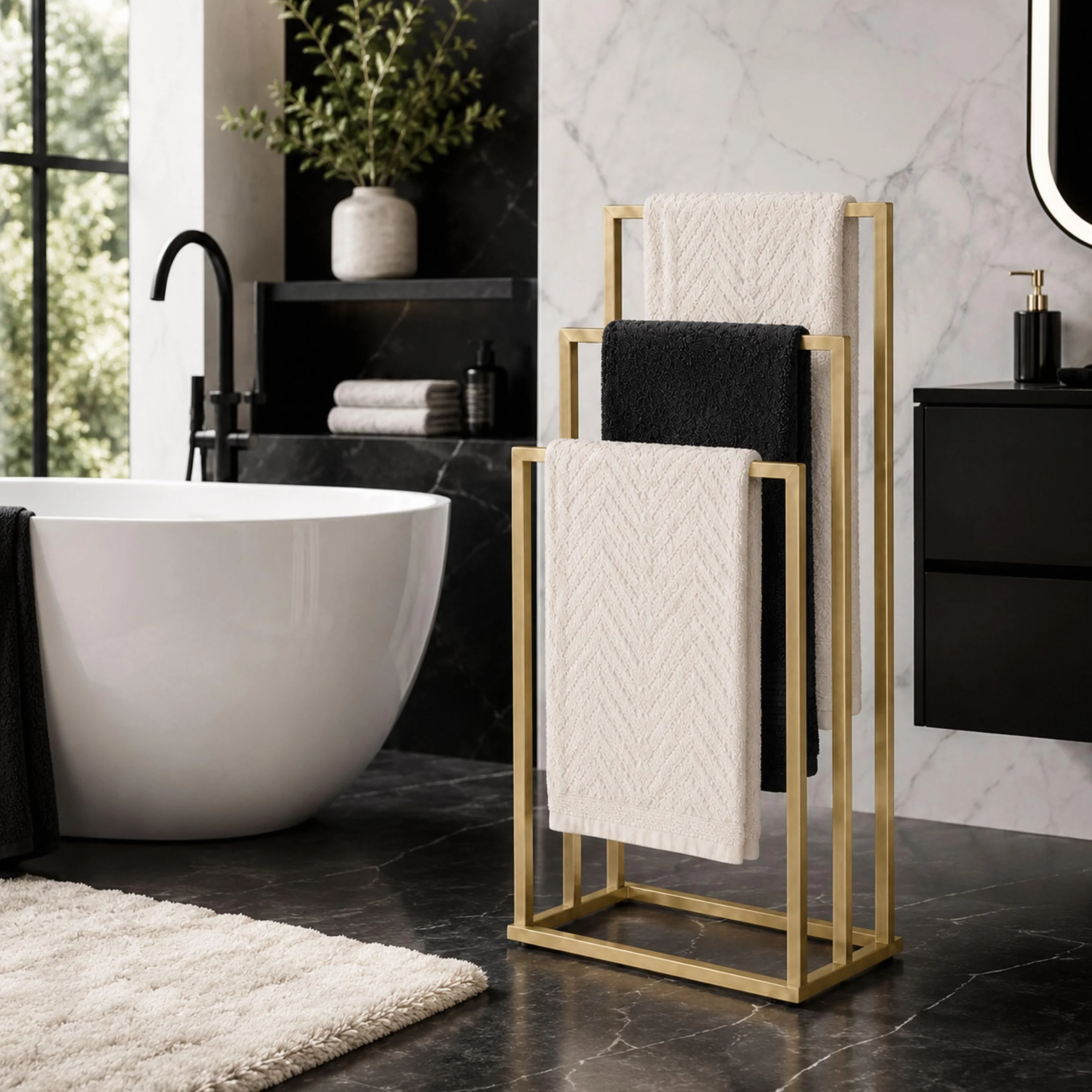 Toallero de pie de metal, moderno para baño, toallero de pie, soporte de baño con barras desplazadas, para baño, lavandería y spa (dorado, 3 barras)