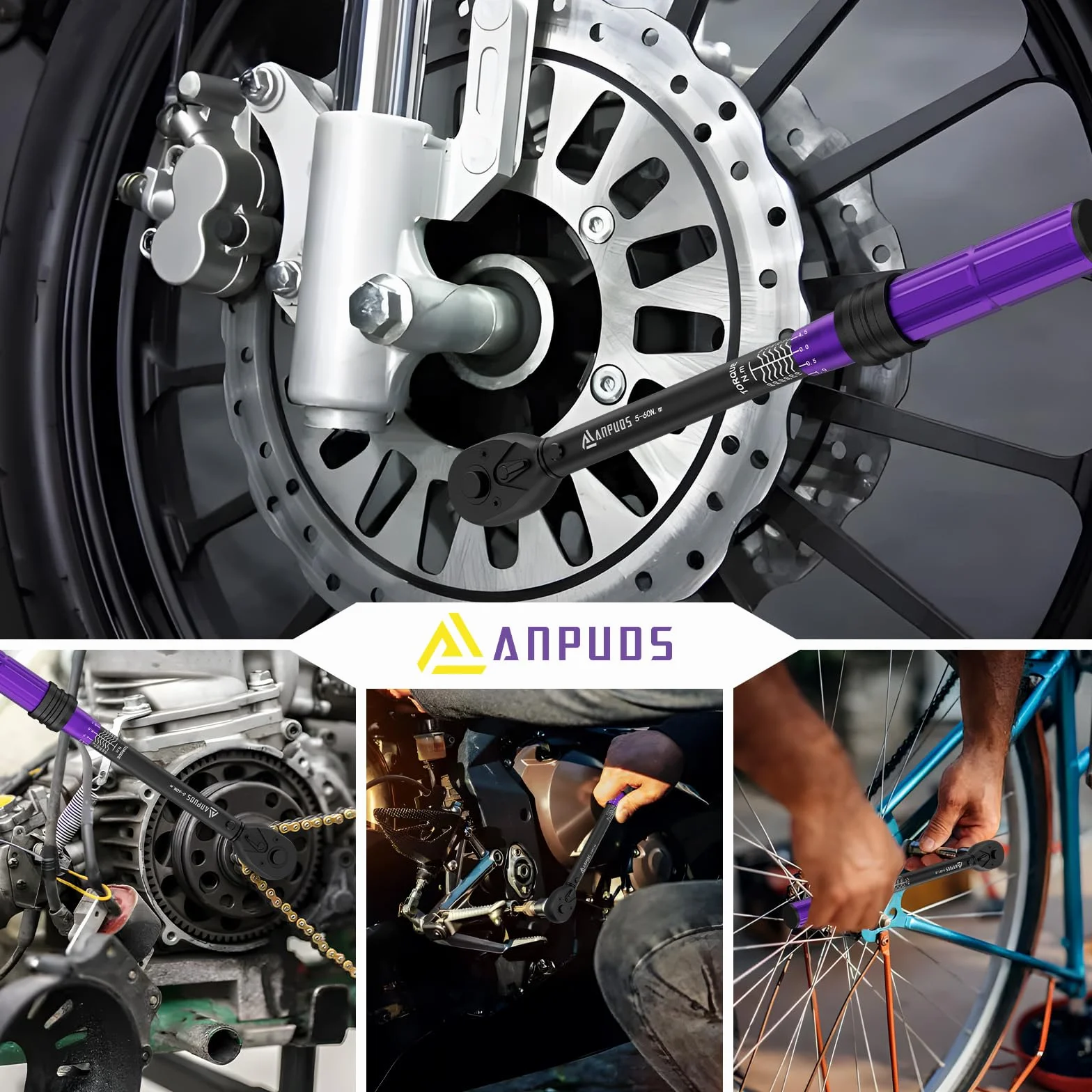 ANPUDS 3/8" Llave Dinamométrica 5-60 Nm, Precisión ± 3%, Llave Dinamométrica Motocicleta con Cabeza de Carraca Reversible de 72 Dientes para Bicicletas, Motocicletas y Coches Sustitución de Bujías
