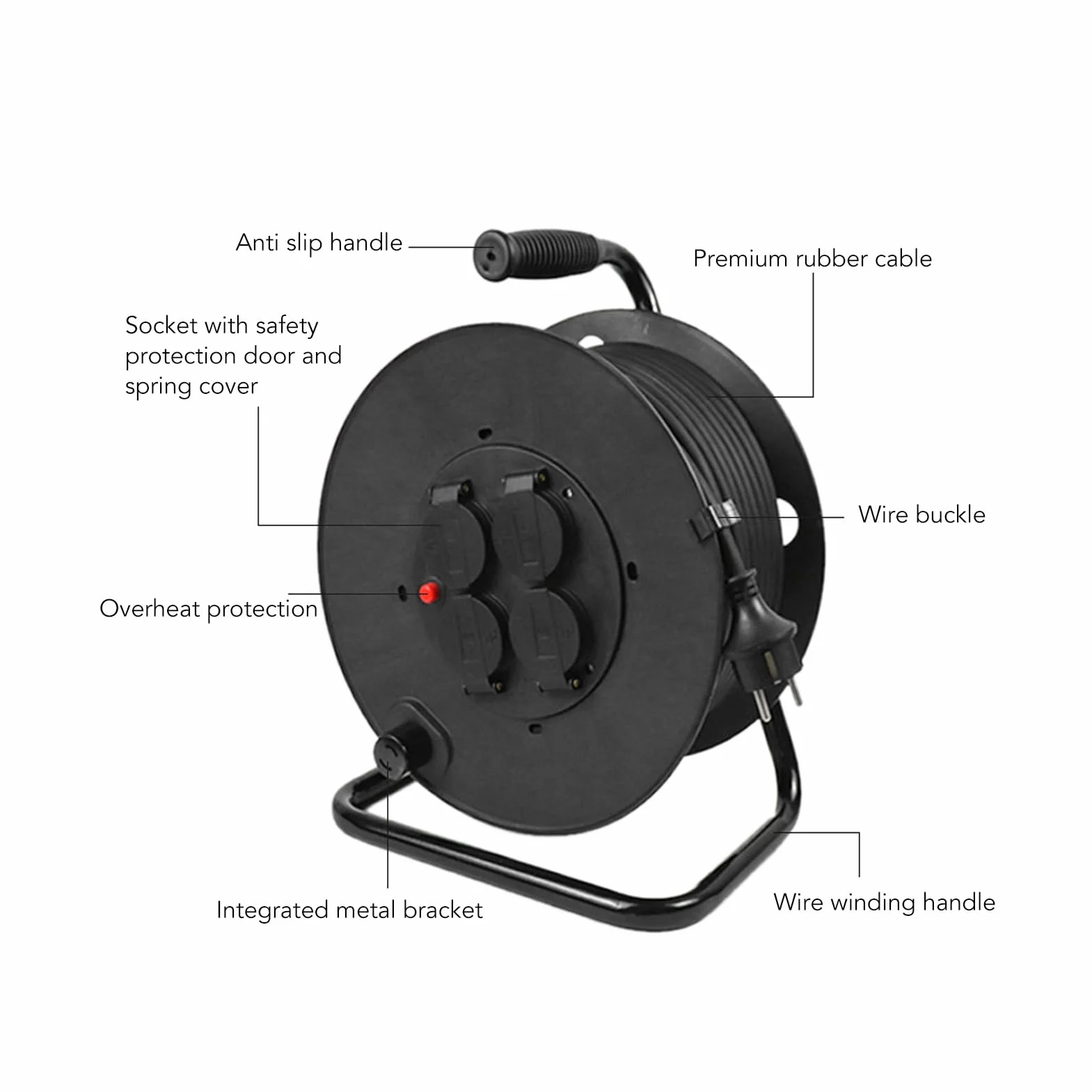 Hyuduo Carrete de Cable Carrete de Cable de Extensión para Exteriores 35 M H05RR F mm² 4 Enchufes IP44 Acero Inoxidable PP Neopreno Cobre para Jardín Taller Uso en el Lugar de Trabajo
