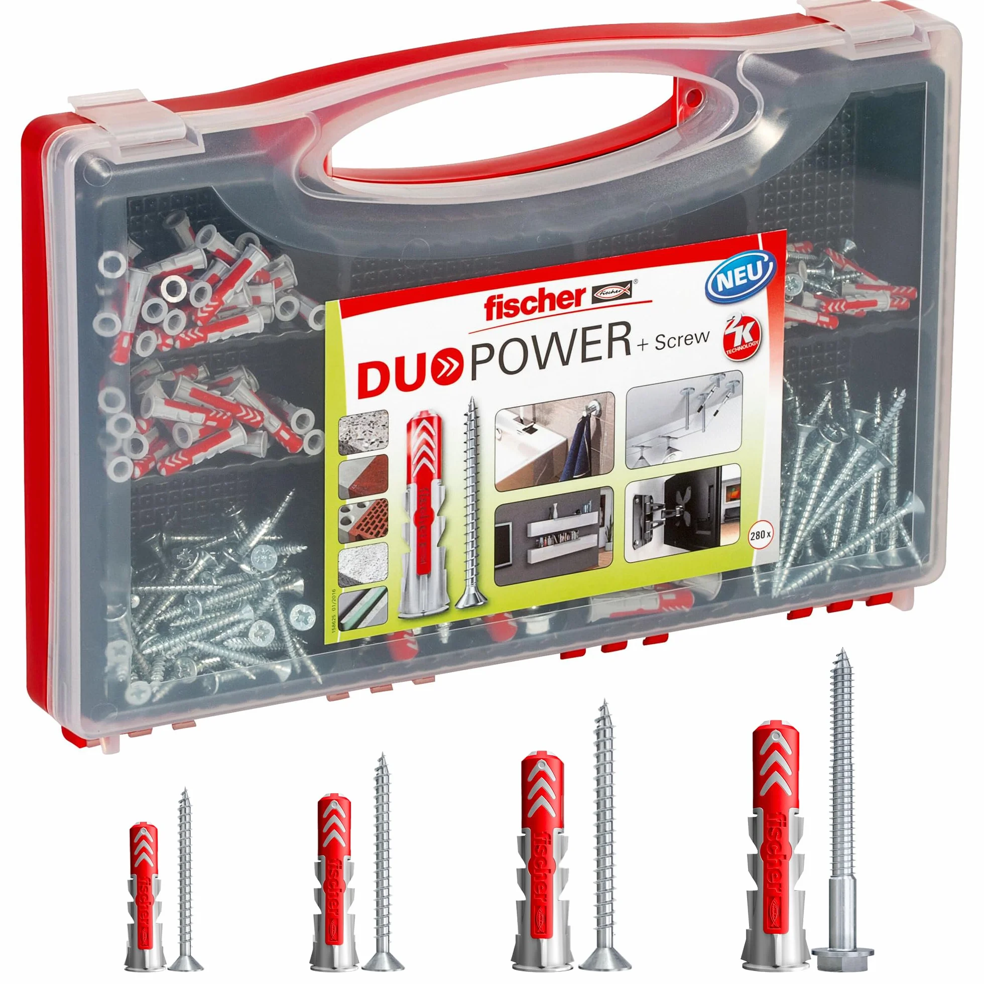 fischer - Maletín de Tacos DUOPOWER Surtido | Tacos Universales y Tornillos Incluidos | Fijaciones para Pared, Hormigón, Ladrillo y Yeso | Nylon Bicomponente de Alto Rendimiento | 280 uds