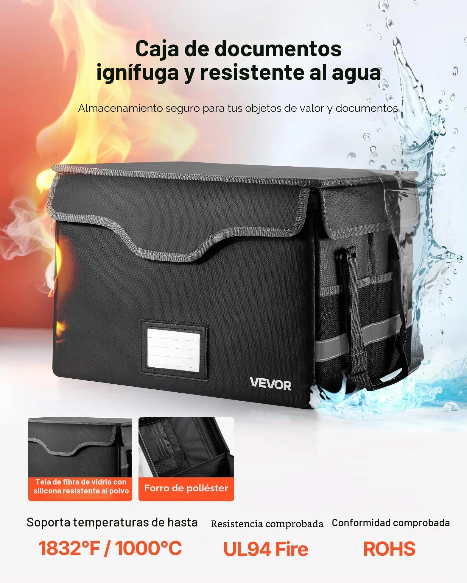 VEVOR Maletín Ignífugo para Documentos, Impermeable, con Aislamiento Térmico 1000 °C y Cerradura, Una Sola Capa, para Pasaportes, Documentos Importantes y Archivos, Negro, 330 x 405 x 262 mm