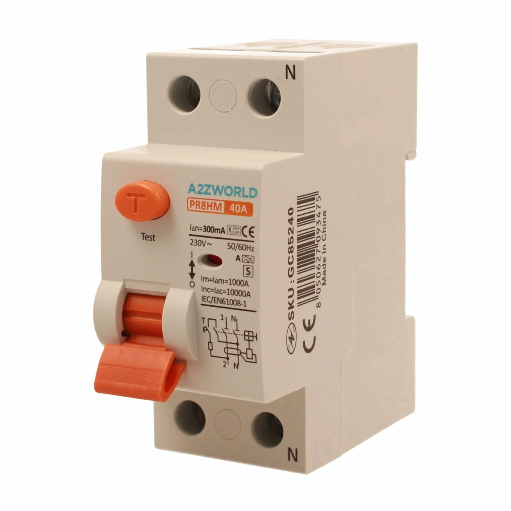 Interruptor diferencial puro selectivo 40A, RCCB Tipo S Clase A, 1P+N 10kA 300 mA, retraso 500 ms, 2 módulos DIN 230 V AC, certificado IEC61008-1, serie PR8HM electromagnético
