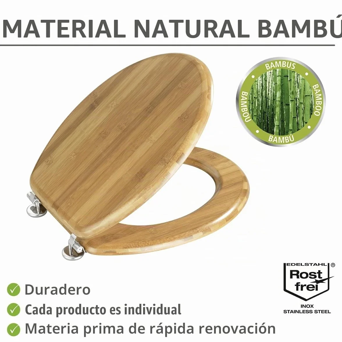 WENKO Tapa de WC Bambus - sujeción de metal- cromo, Bambú, 34.5 x 41.5 cm, Marrón oscuro