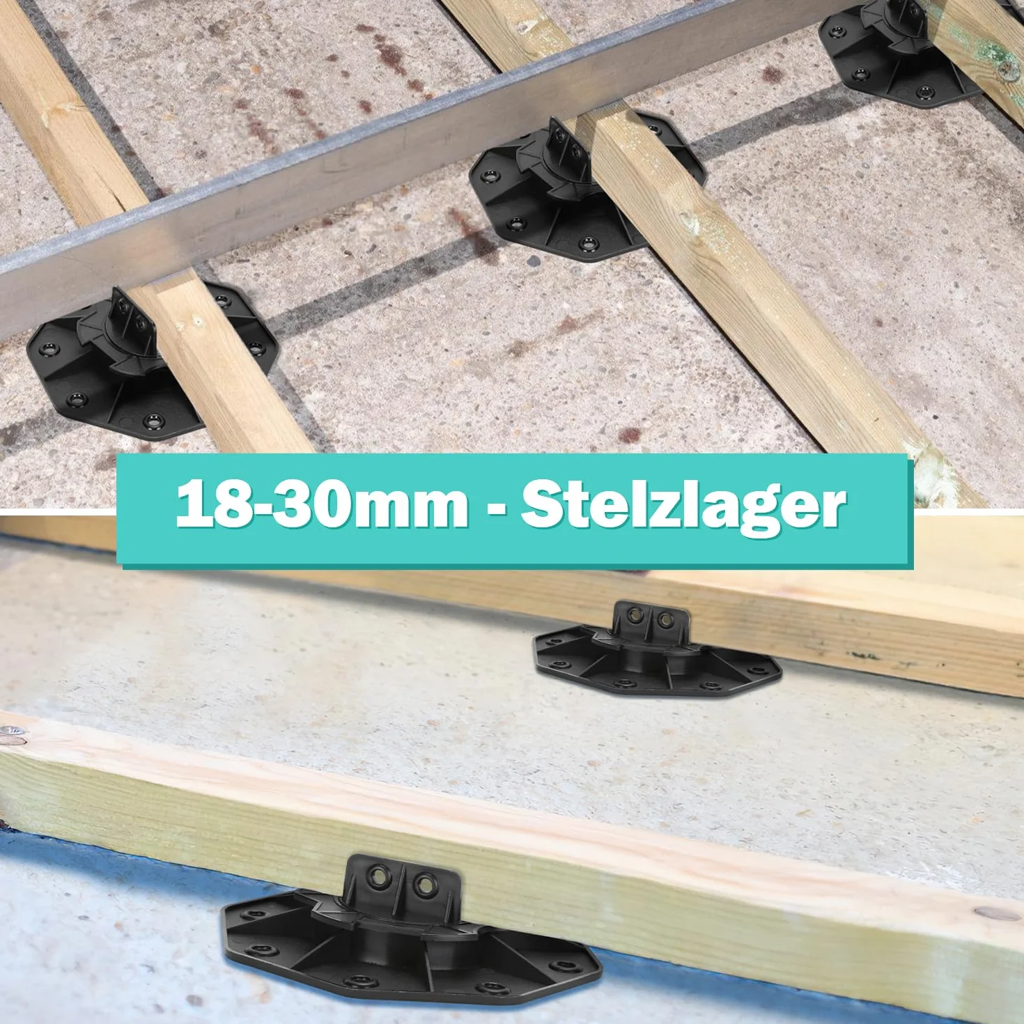 100 rodamientos de altura ajustable, 18-30 mm, rodamientos de terraza con pies ajustables, placas para subestructura de terraza, WPC, capacidad de carga de 600 kg