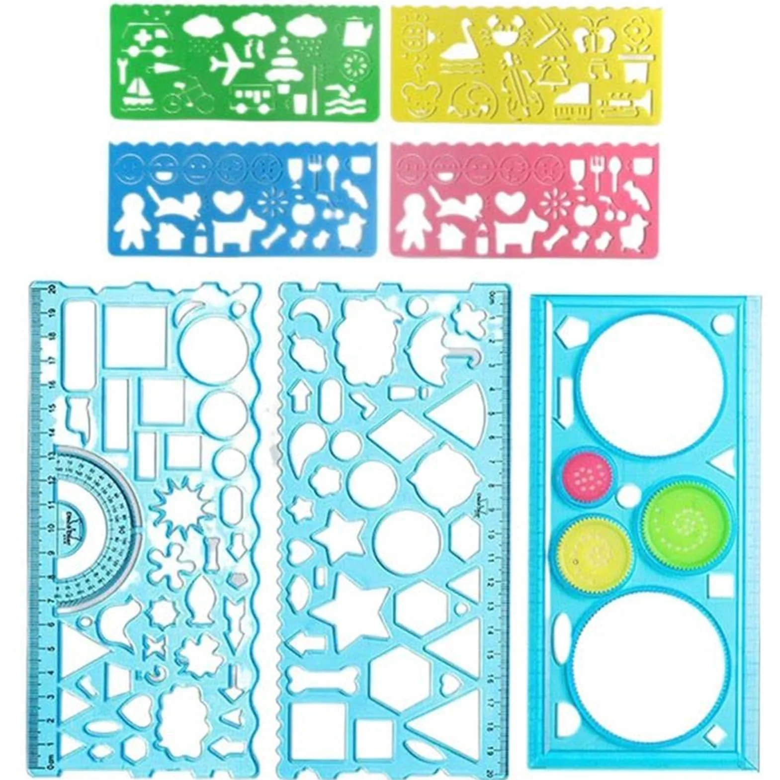 Reglas Geométricas y Plantillas de Círculo 7 Piezas para Dibujo, Regla Plástica, Herramienta de Medición Niños Azul