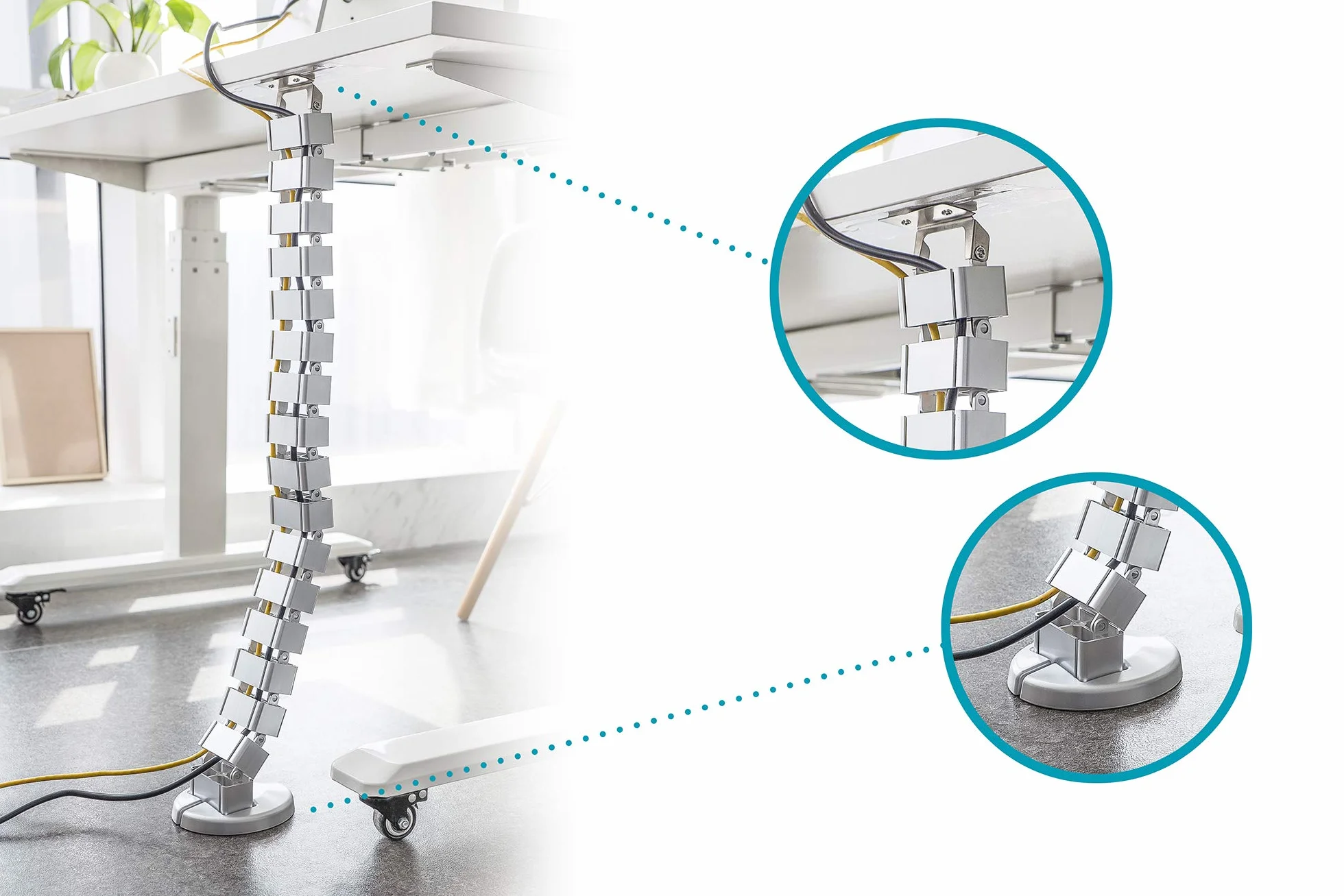 DIGITUS Guía de cables vertical - Gestión de cables flexible para el escritorio - Base metálica - Altura del escritorio hasta 130 cm - Plata