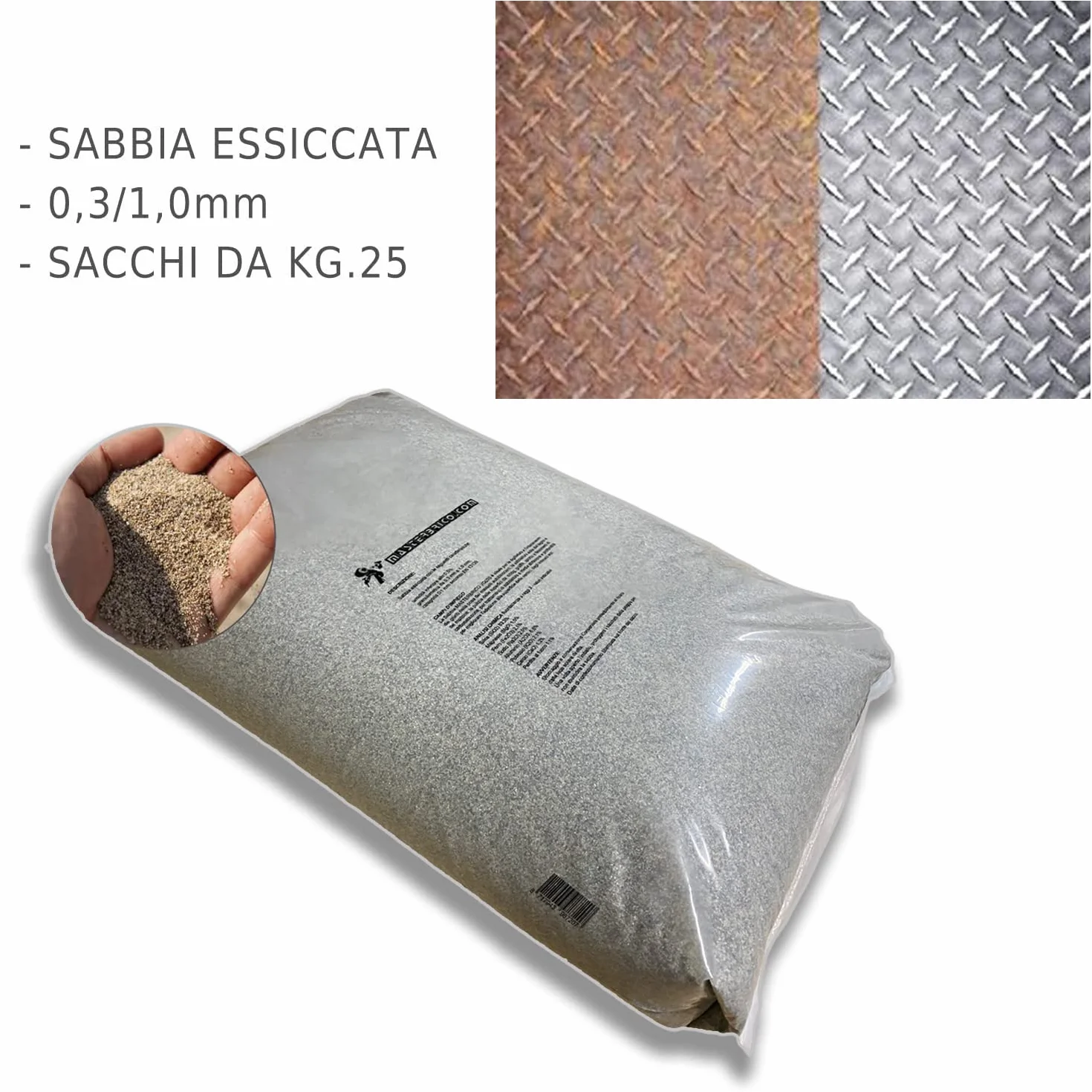 Arena para arenadora 0,3 – 1,0 mm, saco de 25 kg – Arena seca vaga, para tratamientos de arenado sobre madera, hierro, cemento y ladrillo – Granulometría media, baja humedad