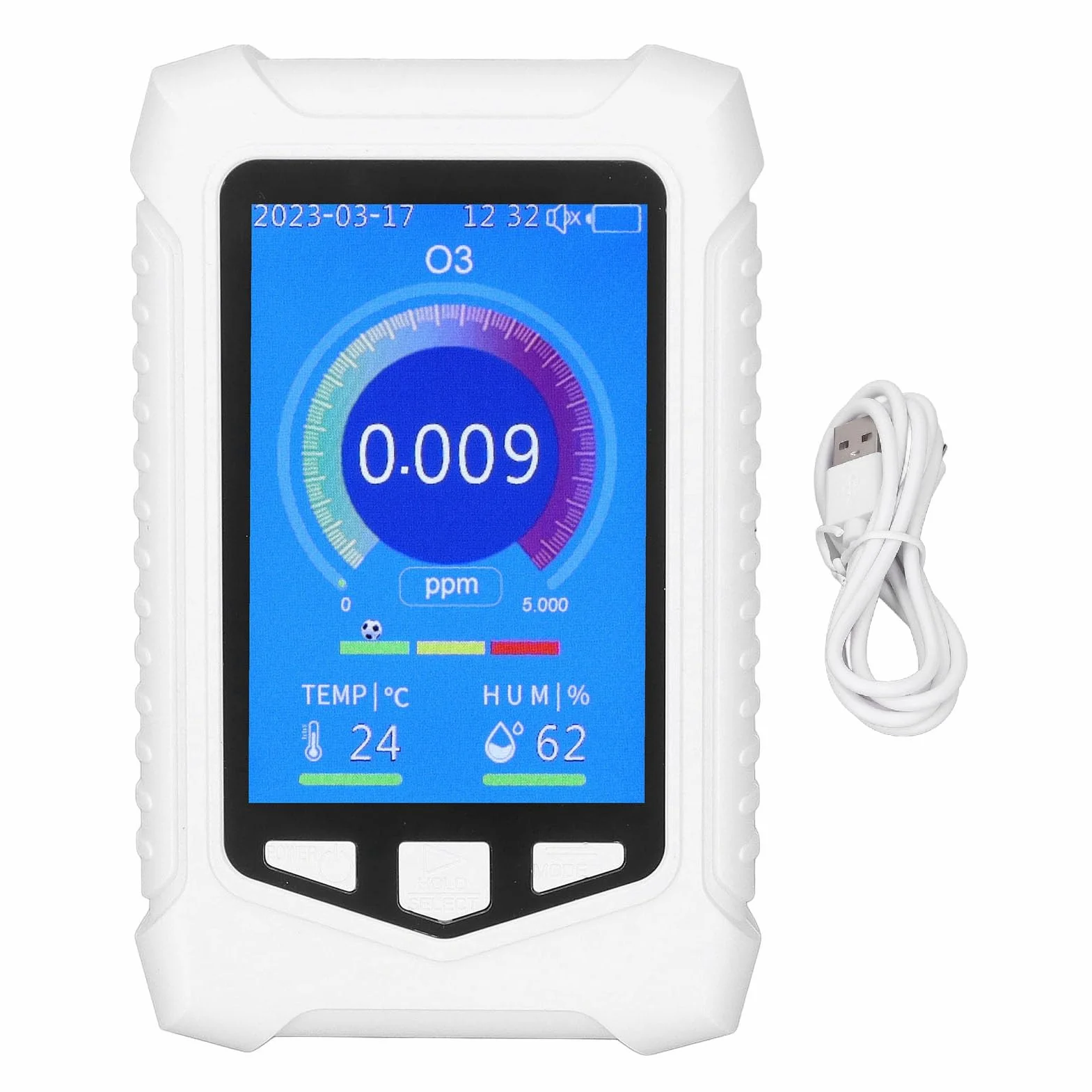 Detector de Ozono Portátil con Pantalla LCD, Medidor O3 en Tiempo Real, Autocalibración, Carga USB