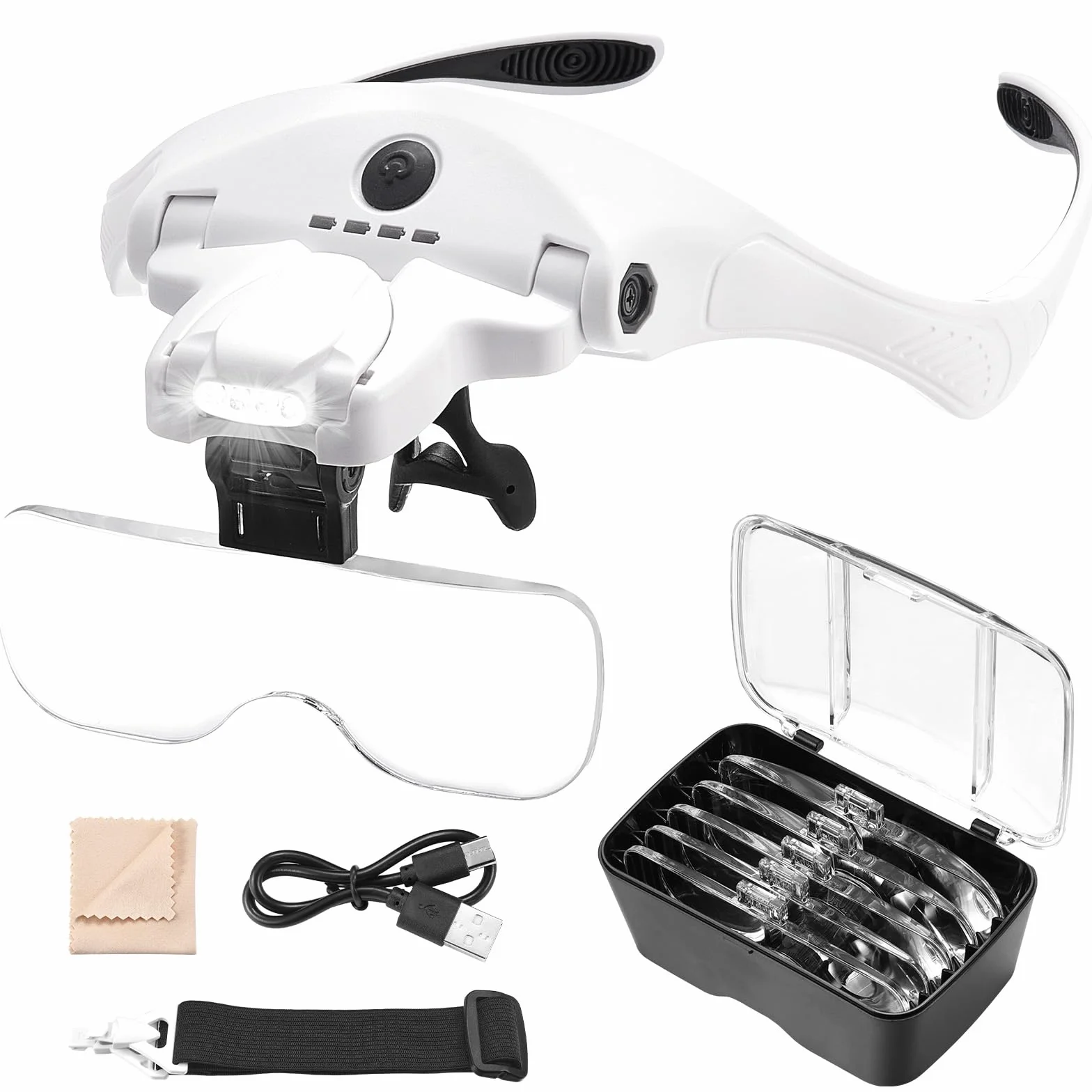 Lupa con Luz Anpro, 5 Lentes Desmontables (1X-3.5X), 4 LED con Brillo Ajustable, Lente de Aumento con Diadema Adicional para Trabajos Cercanos, Reparación de Joyas, Relojería, Manualidades.