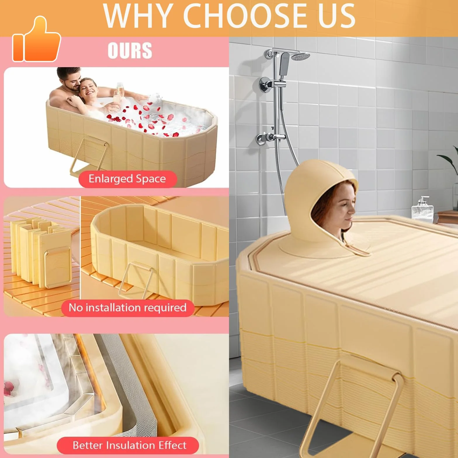 Bañera Plegable Para Adultos, 2 En 1 Baño De Hielo Y Agua Caliente, 150x55x50 cm De Grosor Bañera Portátil Independiente Para Ducha Con Tapa Minipiscina Para Spa En Casa Baño De Hielo