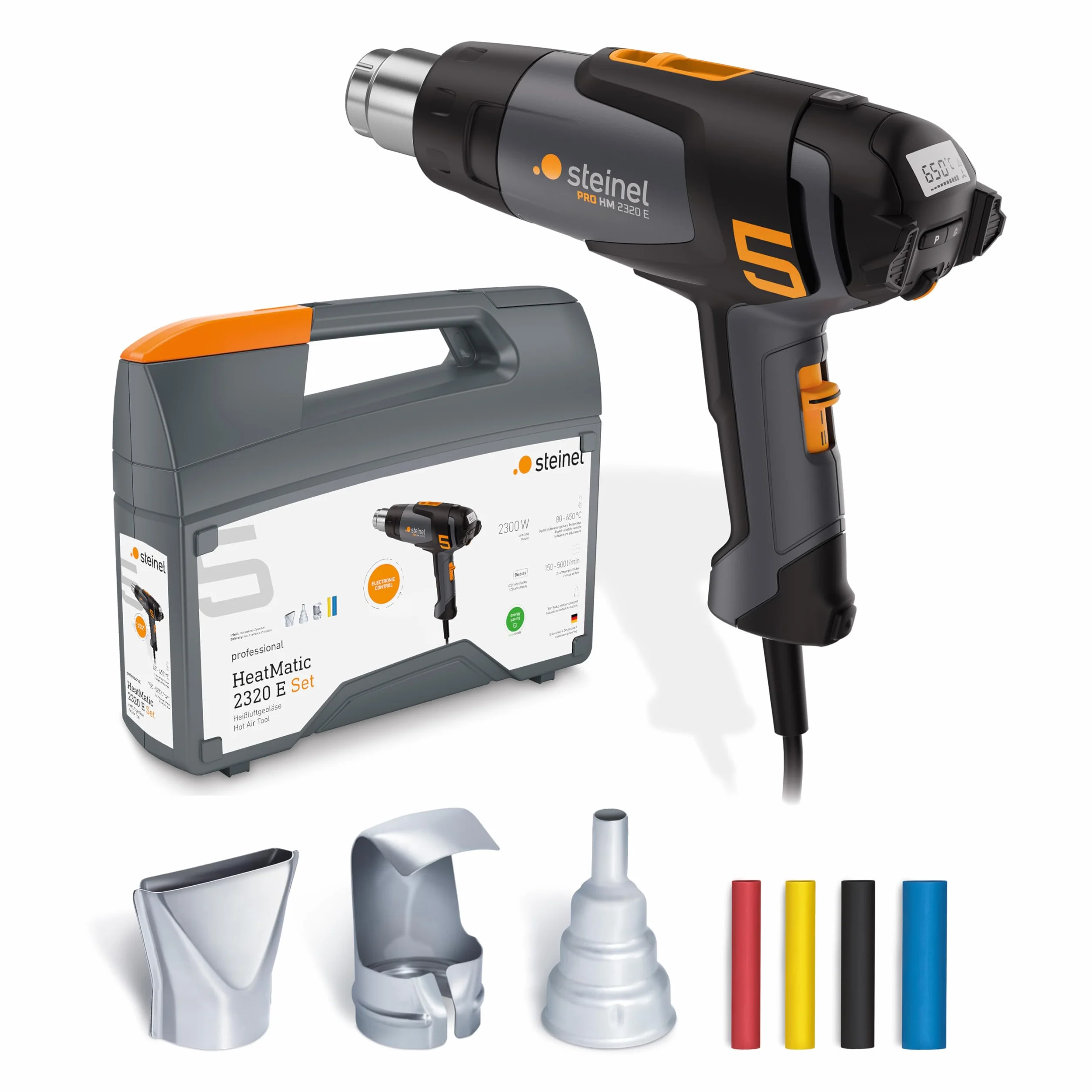 Steinel Pistola de aire caliente HM 2320 E Set, incl. boquillas y tubo termorretráctil, pistola de aire caliente profesional 2300 W, 80°-650°C, pantalla LCD, calefacción cerámica