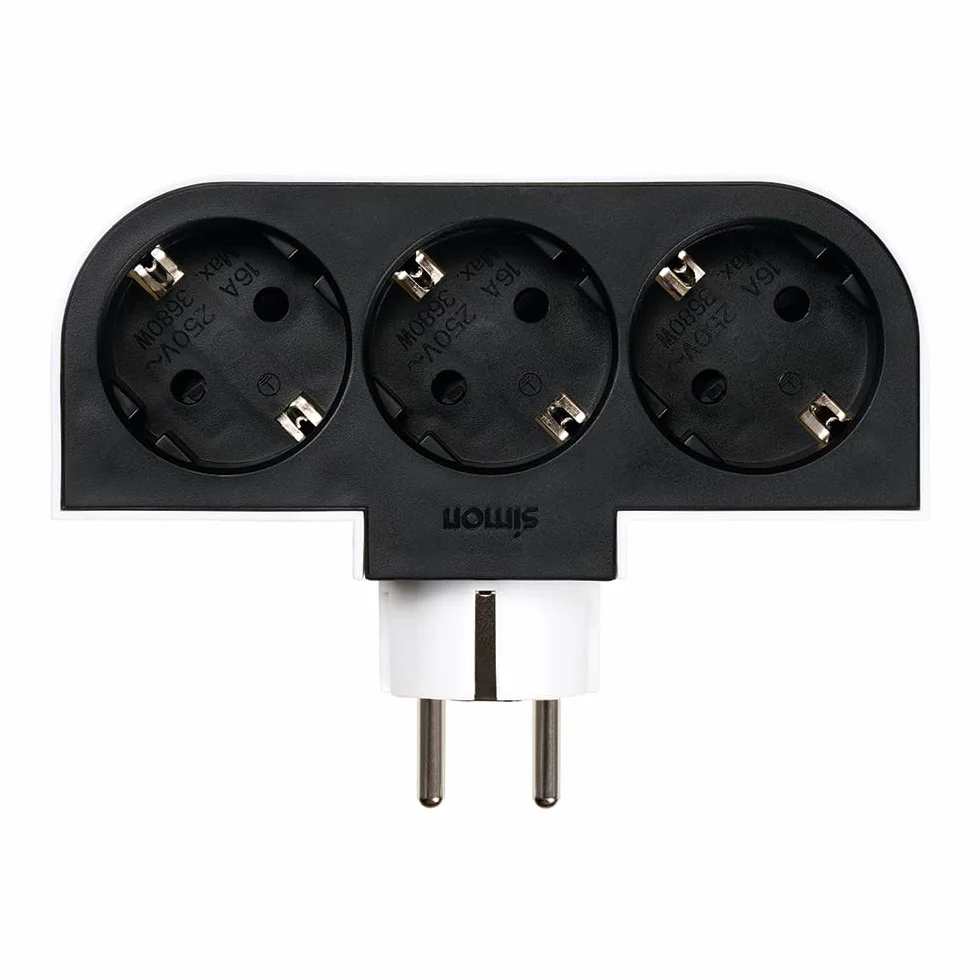 Simon – Adaptador Giratorio Plug 3 Tomas 16A (250V, 3680W), Rotación180º, Enchufe Compacto para Esquinas o Detrás de Muebles, Color Negro y Blanco