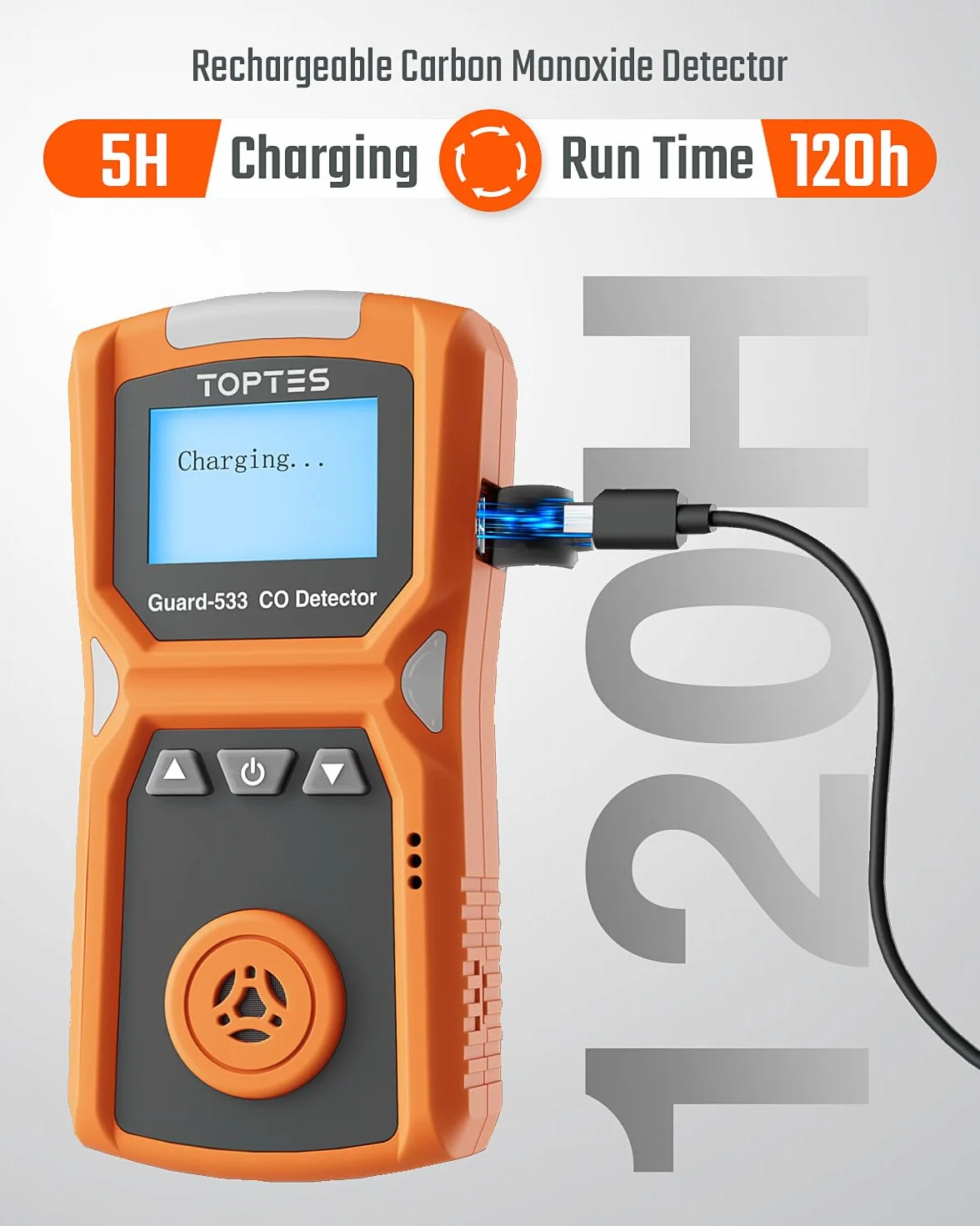 TopTes Guard-533 Detector Portátil de Monóxido de Carbono, con Alarmas Visuales, Sonoras y Vibrantes, Diseño con Clip Trasero, 120h de Espera, y a Prueba de Explosiones para Uso Doméstico y Laboral