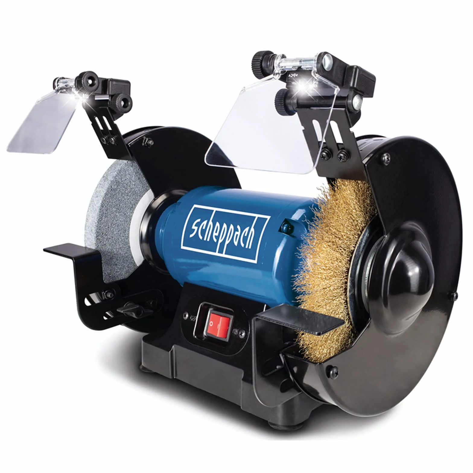 Scheppach SM200LB - Amoladora doble con iluminación LED (230 V, 500 W, piedra afiladora, 200 x 20 mm, K36, cepillo metálico, 16 mm de ancho