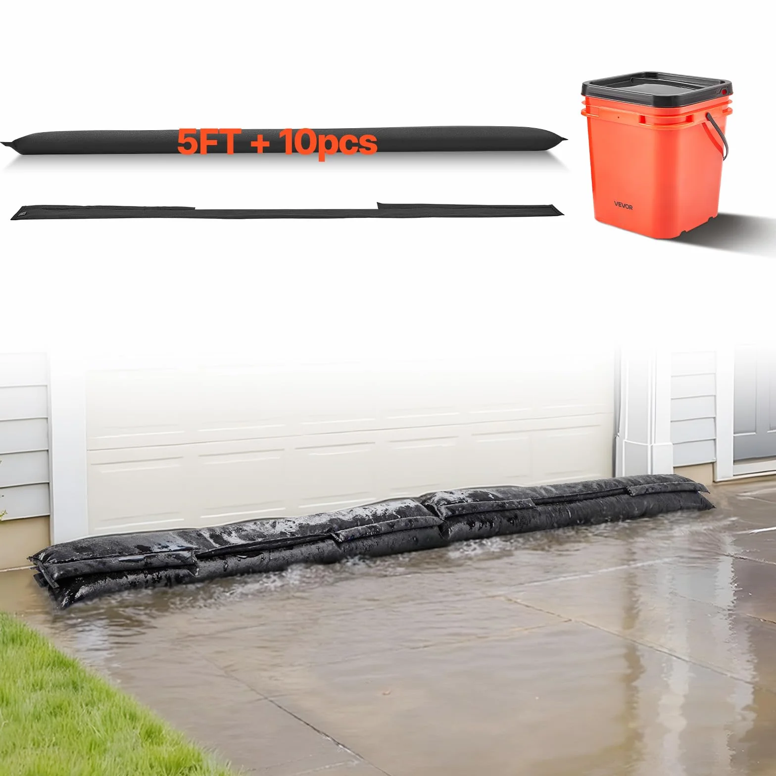 VEVOR Barrera Antiinundaciones 5 Piezas Bolsas contra Inundaciones 306x15,5 cm Dispositivo de Protección contra Inundaciones con Cubo de Plástico, Activado por Agua, para Puerta Garaje Entrada Sótanos