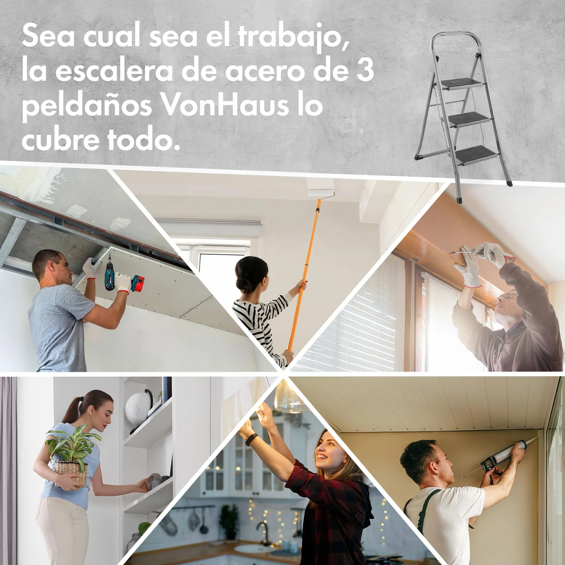 VonHaus Escalera Plegable de 3 Peldaños – Escalera de Tijera Antideslizante y Fácil de Guardar - Soporta hasta 150 Kg - Escalera Articulada Premium para Bricolaje y Jardinería – Acero Duradero