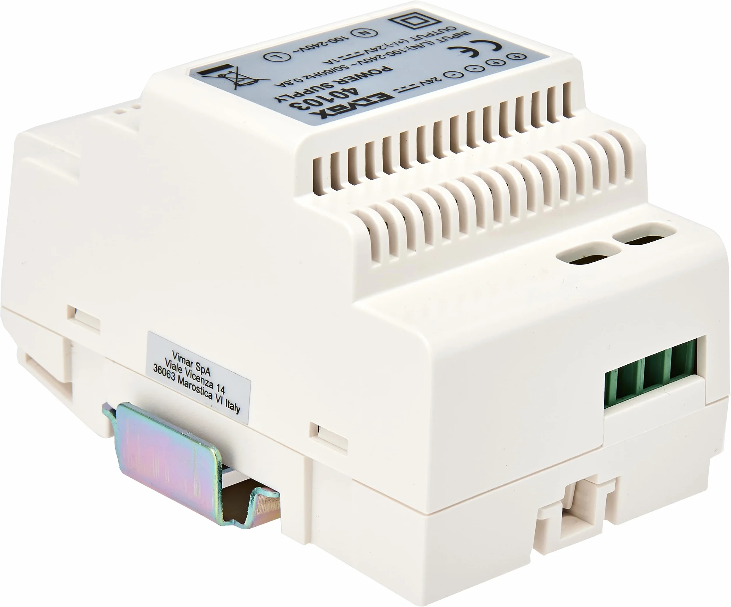 Vimar 40103 Alimentador para videoportero con salida 24 Vdc, alimentación 100-240 V~ 50/60 Hz, instalación en riel DIN (60715 TH35), ocupa 3 módulos de 17,5 mm, blanco