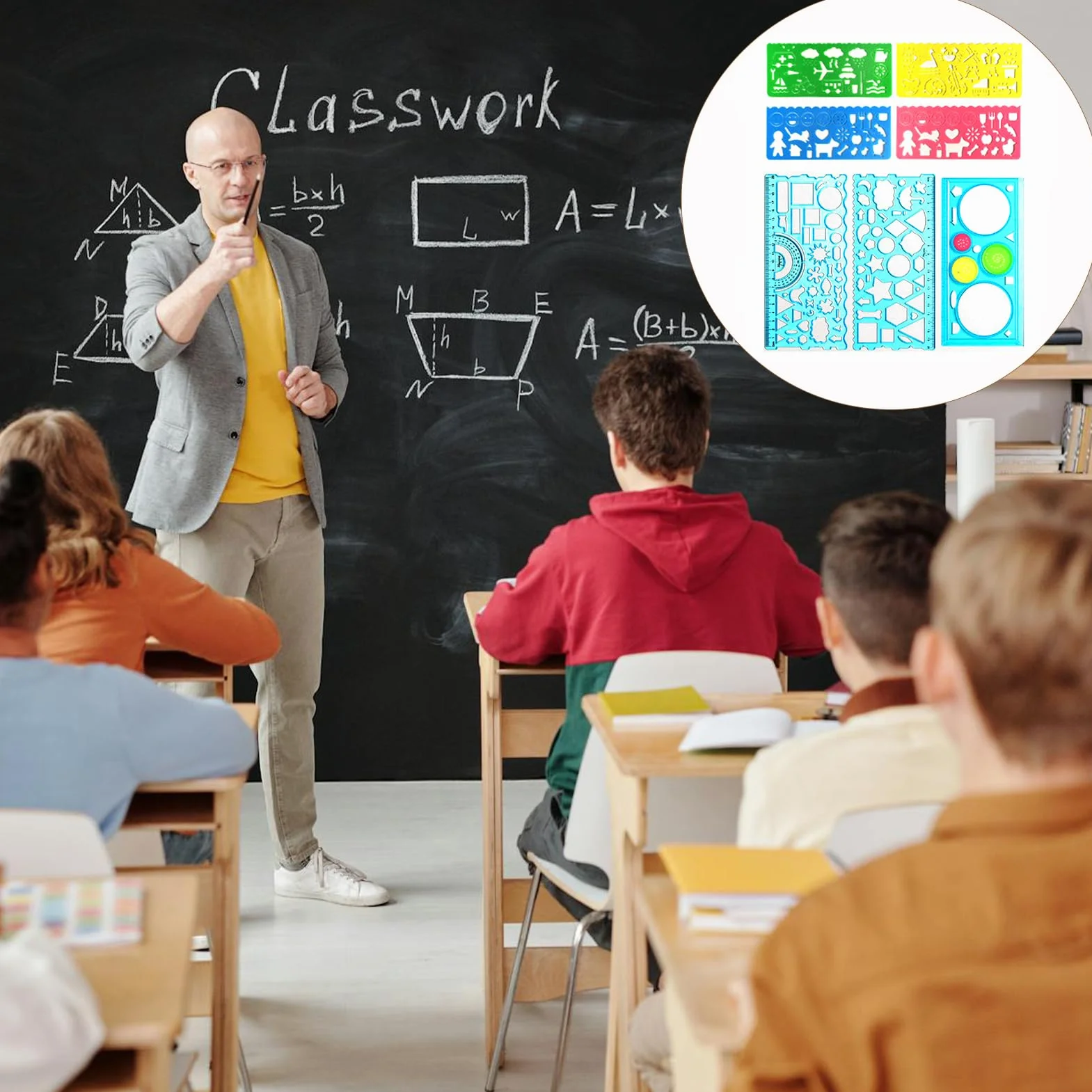 Reglas Geométricas y Plantillas de Círculo 7 Piezas para Dibujo, Regla Plástica, Herramienta de Medición Niños Azul