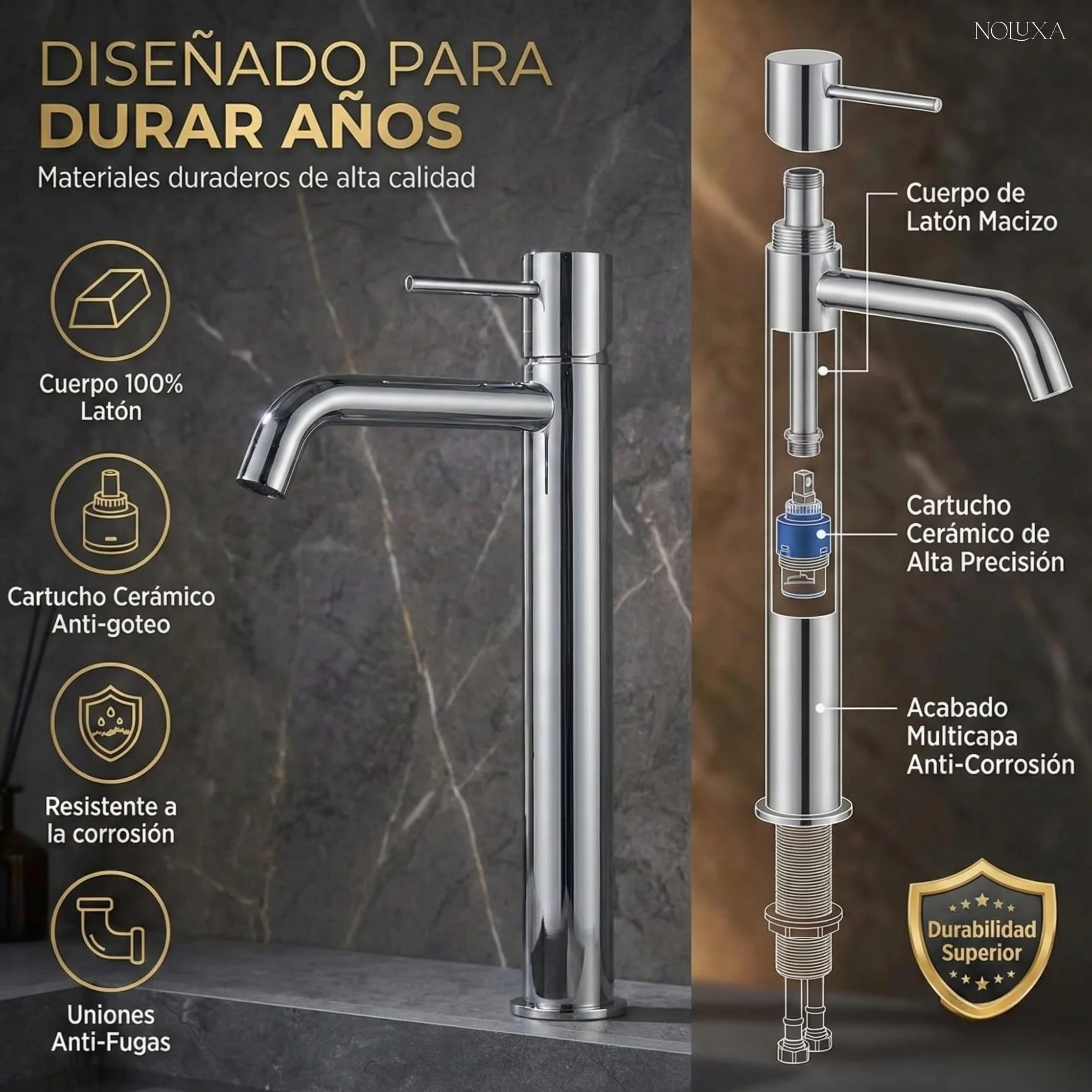 IMEX - Grifo Lavabo Cromado Caño Alto | Grifo Baño Mezclador Agua Fría y Caliente | Grifería Monomando Efecto Cascada con Caño de Latón y Ahorro de Agua | Serie Monza | Color Cromado