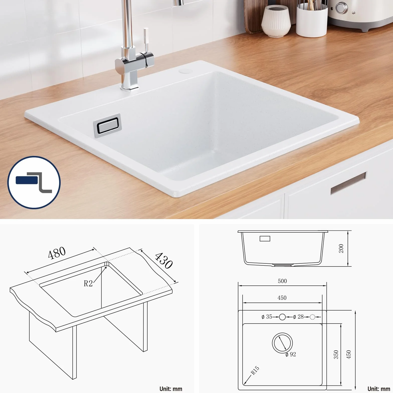 CECIPA Fregadero de cocina de 50 x 45 cm, 80% arena de cuarzo de granito, 1 lavabo empotrable, incluye sifón y sobre