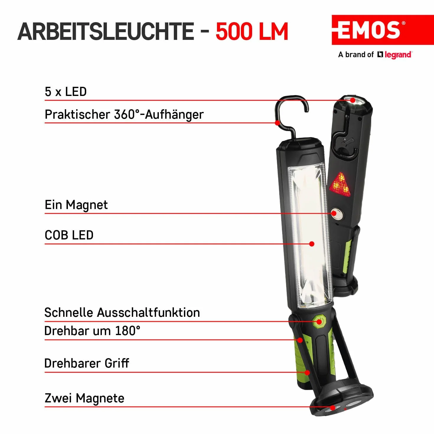 Emos e708 a de COB + 5, recargables lámpara – 5 W COB LED, plástico, Green, 6, X 32 X 7, 6 cm