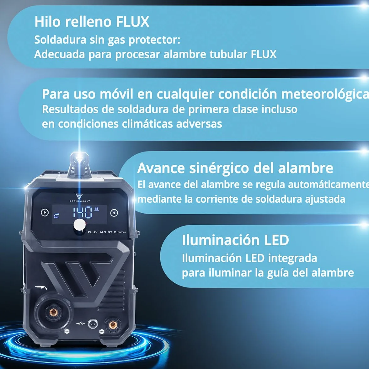 STAHLWERK Soldadora FLUX 140 ST Digital – Soldadura con hilo hueco sin gas protector hasta 140 A, compacta, avance de hilo sinérgico, luz LED integrada, función Lift-TIG & MMA (Electrodo/ARC), IGBT