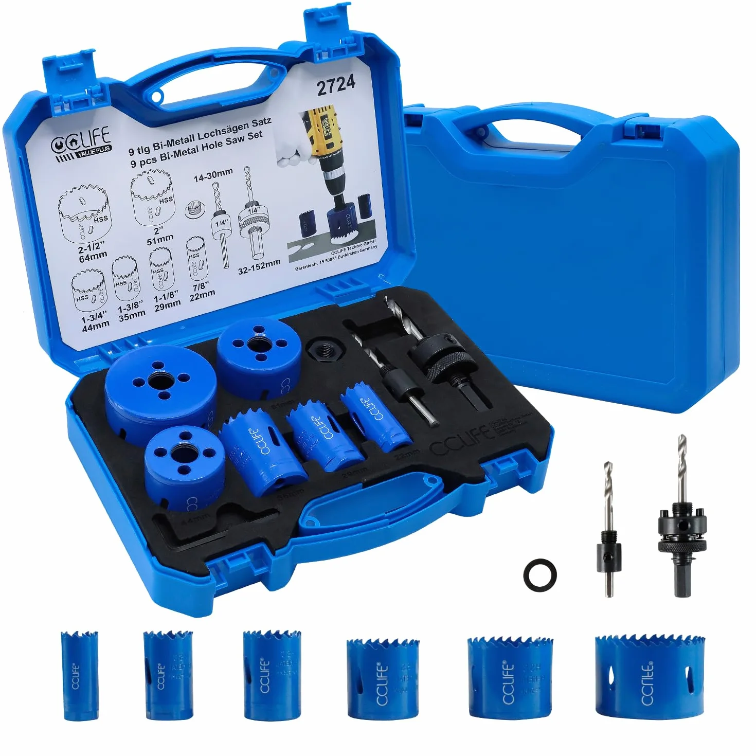 CCLIFE Juego de sierra perforadora bimetálica, 8 piezas, bimetal M3 HSS-CO, diámetro de 22 – 64 mm, profundidad de corte 38 mm, para taladrar acero inoxidable, metal ligero, madera, PVC, plástico, etc