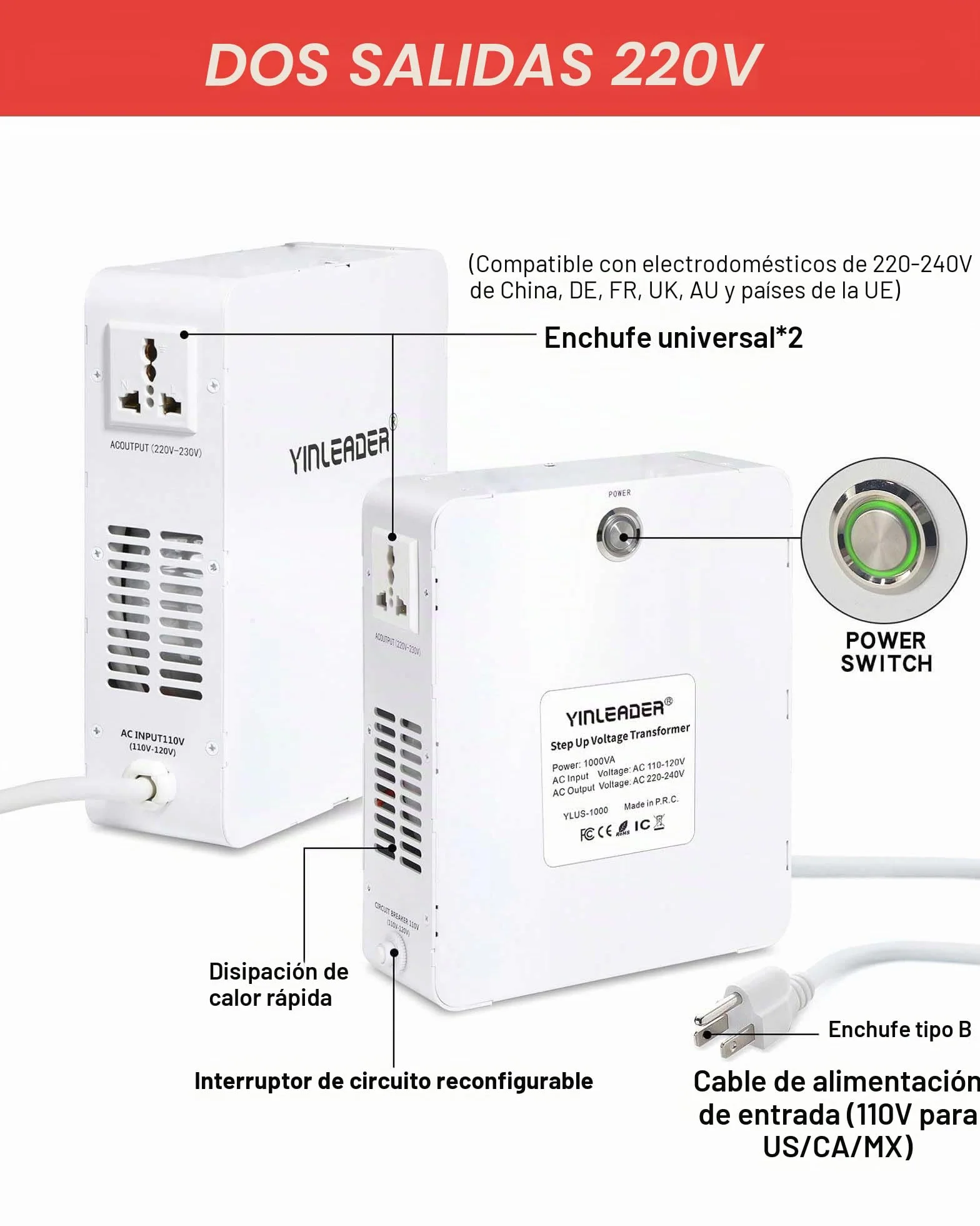Yinleader Convertidor de voltaje de 110 V a 220 V transformador elevador para usar electrodomésticos pequeños europeos asiáticos de 220/230/240 voltios en Estados Unidos (1000 W)
