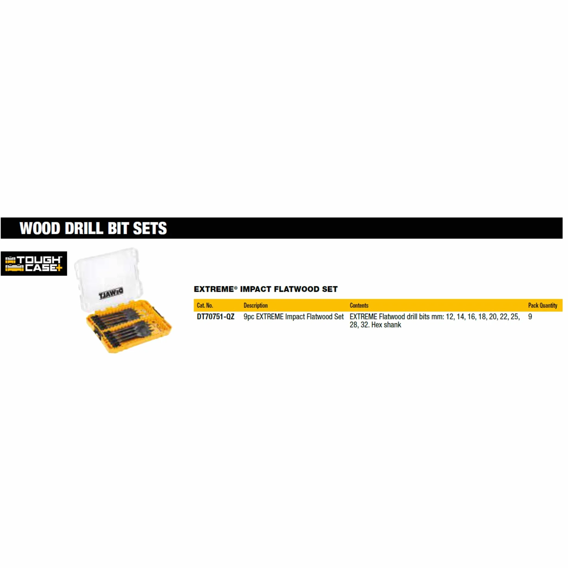 DeWalt DT70751-QZ DT70751-QZ-Tough Case Mediana con 9 Brocas de Pala para Madera. Ø 12, 14, 16, 18, 20, 22, 25, 28, 32 mm (Env. 9 Ud.)