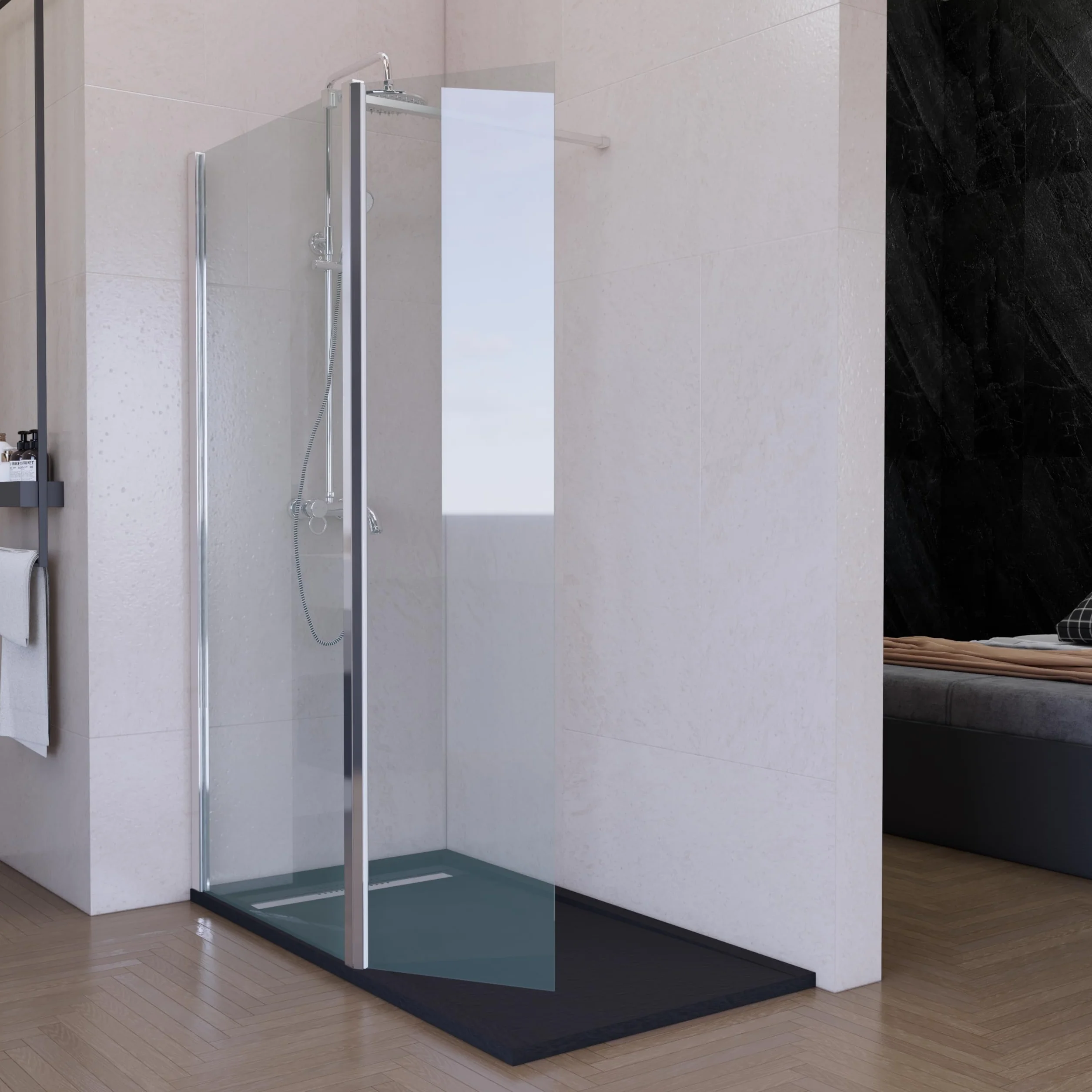 Mampara de Ducha Fija con Panel Abatible Cromo 60 cm + 40 cm – Cristal Templado 8 mm Antical – Mampara Walk In Reversible para Baño Moderno – HOGAKIS