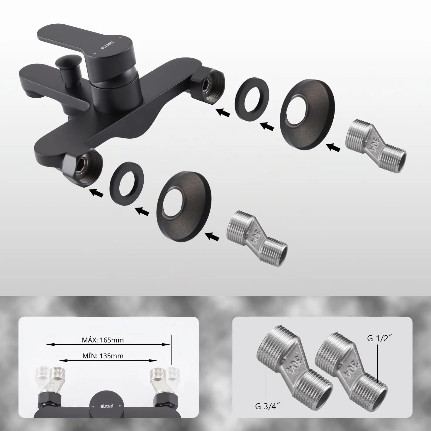 Grifo Bañera Negro, Grifo Bañera y ducha de Latón, Mezlador Monomando Ducha con Caño Bañera, Grifo Bañera Mural para Baño, Grifo para Ducha y Bañera, Universal 1/2" Salida Inferior