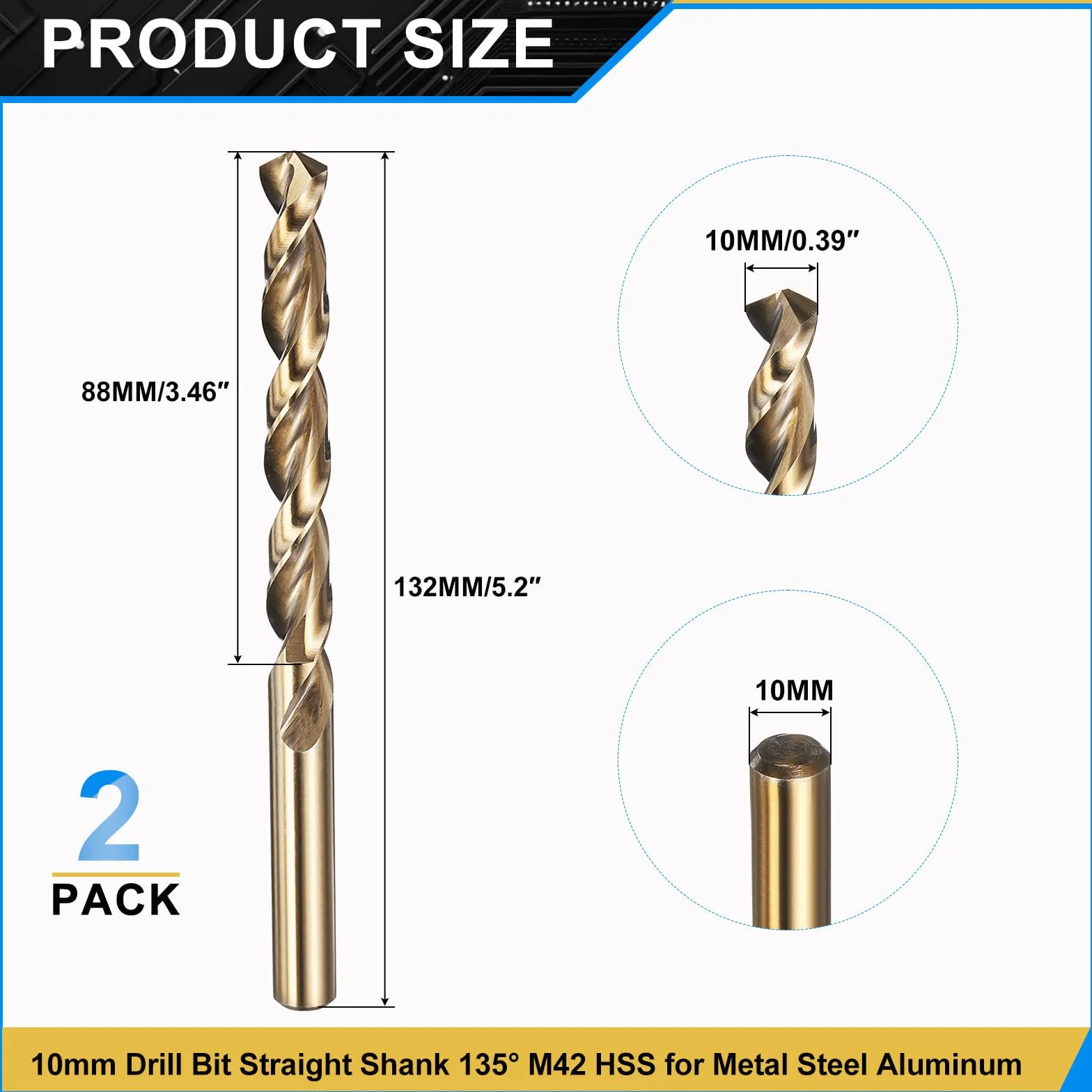 PATIKIL Brocas de 10mm, Acero de Alta Velocidad M42 con 8% Cobalto, Vástago Recto Jobber 135°, Acabado Dorado para Aleación de Titanio de Alta Temperatura y Metal Duro - Paquete de 2