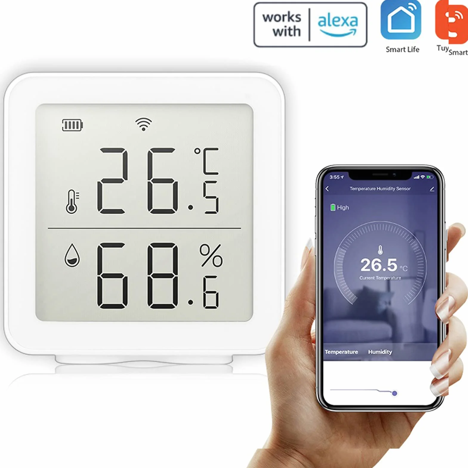 WiFi Tuya Sensor de Temperatura inalámbrico, Smart Life Digital Termómetro Higrómetro Interior, Compatible con Alexa, con Almacenamiento de Datos y Funciones de Alarmar