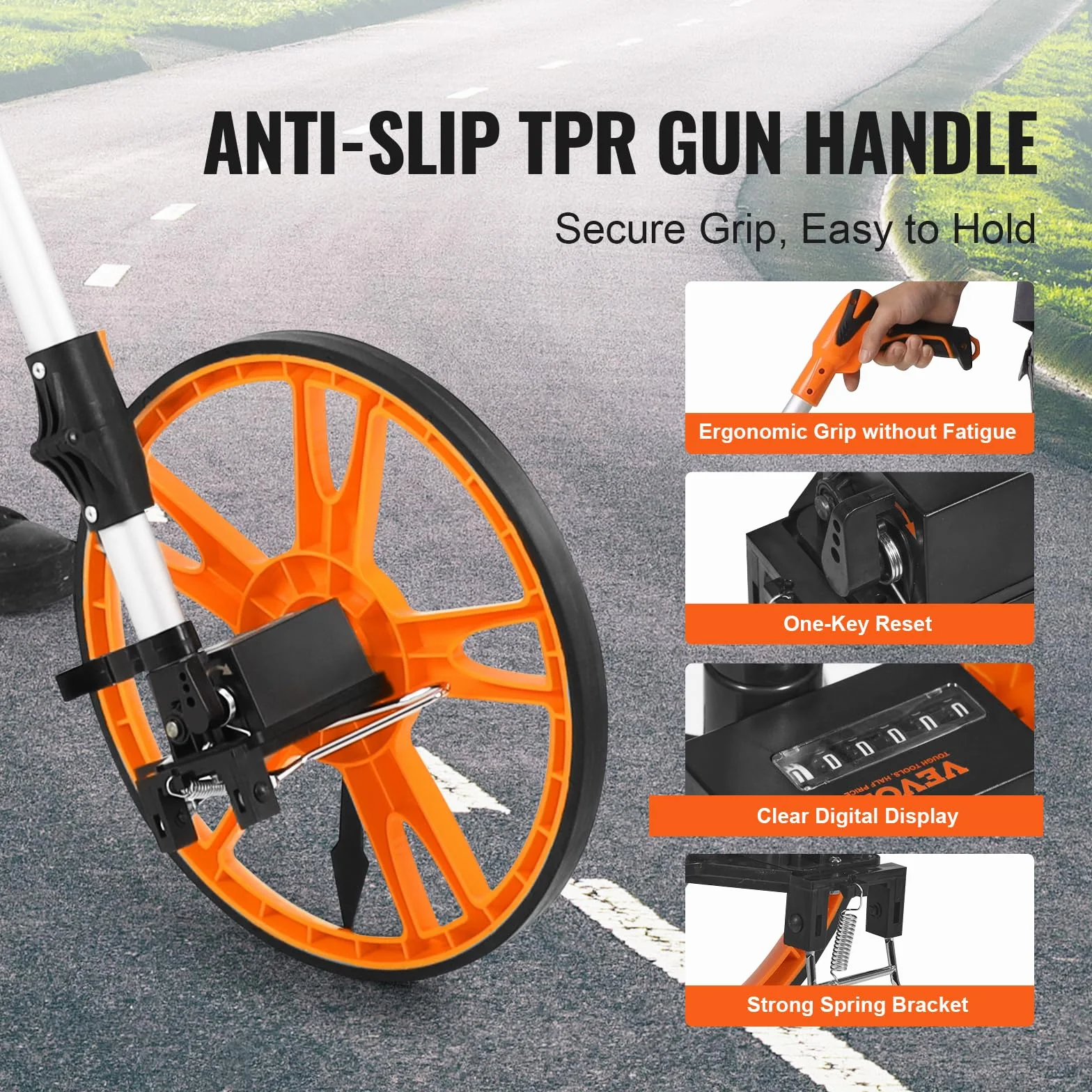 VEVOR Odómetro de Rueda para Medición de Distancia Diámetro de Rueda de 317,5mm Topómetro Medición de Distancia Mango Telescópico de 100-40cm Rango de Medición de 99999,9 pies con Mochila para Caminos