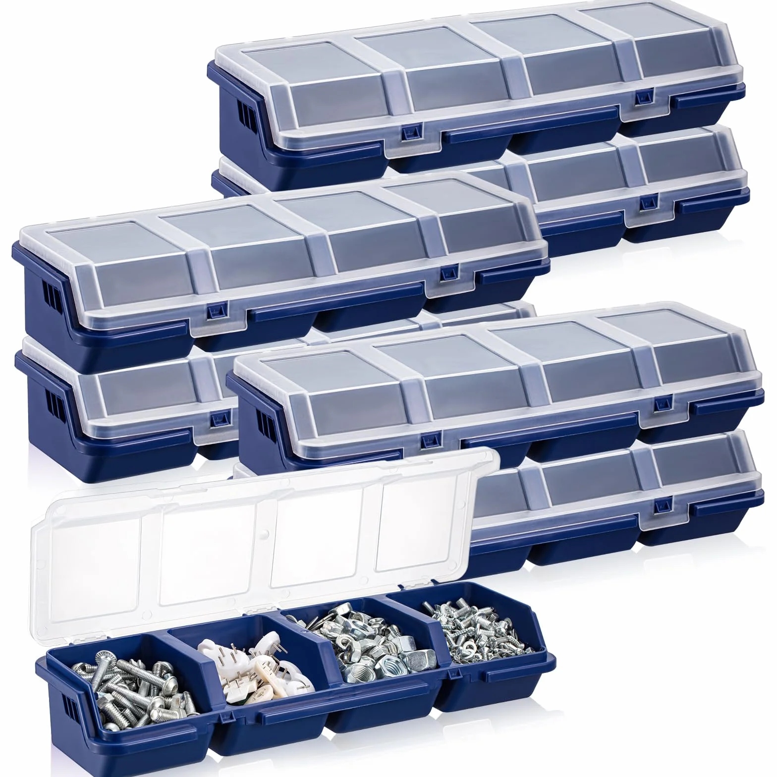 Hushee 6 cajas organizadoras de tornillos con tapa, 4 compartimentos, organizador de piezas pequeñas, de plástico, apilables, tuercas y pernos, herramientas de almacenamiento, divisor, caja de