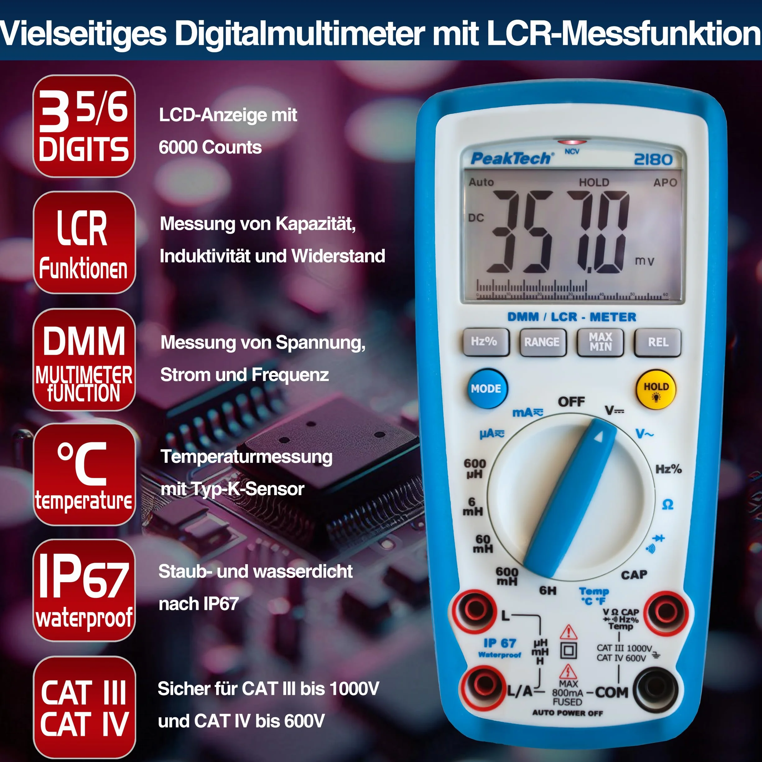 PeakTech 2180 – Multímetro digital con medidor LCR, resistencia, capacitancia, inductancia, 6000 cuentas, rango automático, amperímetro, probador de continuidad pantalla LCD iluminada - CAT III 1000