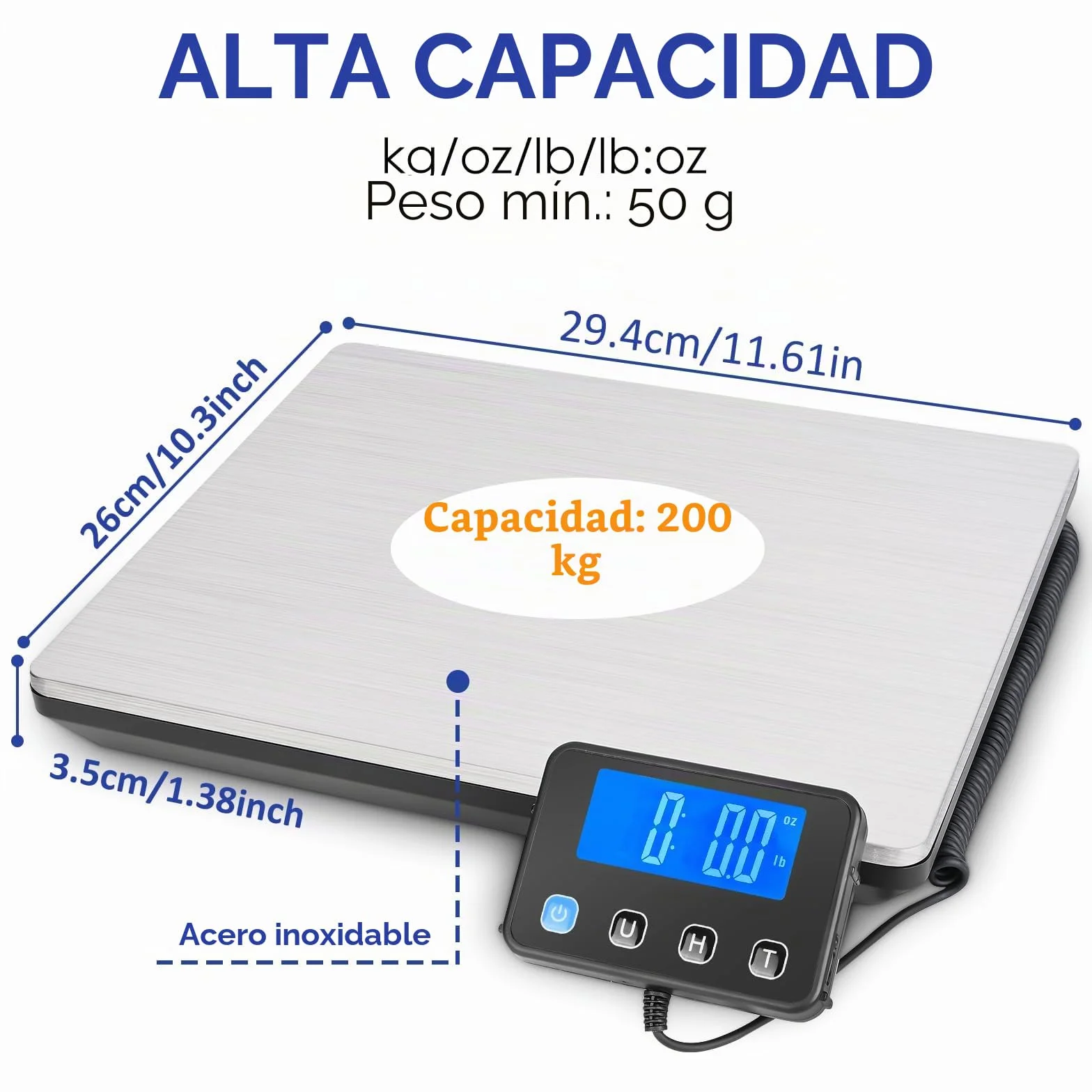 Báscula Digital 50g-200kg Balanza Postal con Función de Retención y Tara, Plataforma de Acero Inoxidable, Pantalla LCD