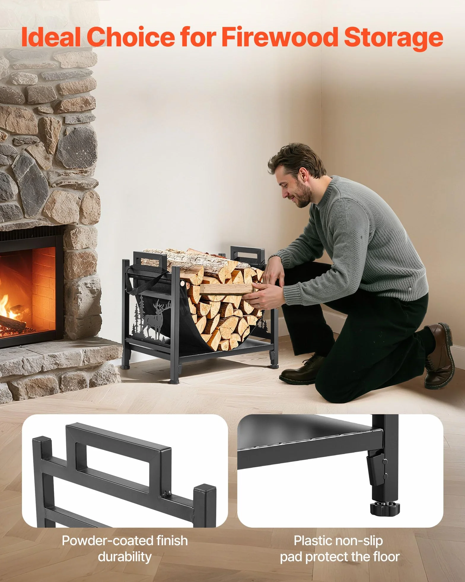 VEVOR Estante de Leña 450 x 315 x 415 mm Marco de Metal con Recubrimiento en Polvo Soporte de Leña Capacidad de 18,1 kg con Portador de Transporte de Lona Leñero Resistente para Chimenea, Negro