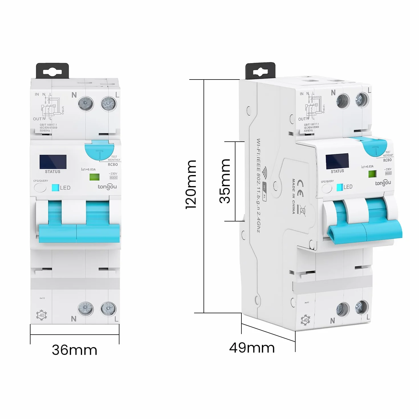 TONGOU Interruptor diferencial Superinmunizado WIFI/TUYA App， Auto Rearmable Disyuntor 1P+N，Rearme Automatico con Sobrecorriente y Fugas 1-40 A, 30-100 mA ajustable ，Clase AC 6Ka Carril Din RCBO