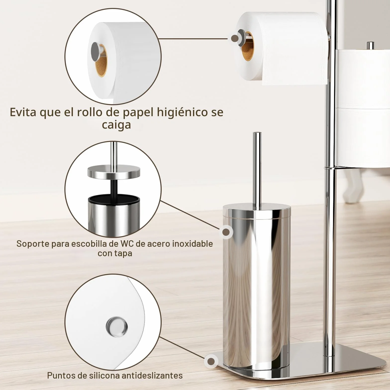 Portapapel higiénico de pie plateado con escobilla - Soporte de papel higiénico de pie con escobilla, juego de WC con caja de toallitas húmedas y escobilla de inodoro
