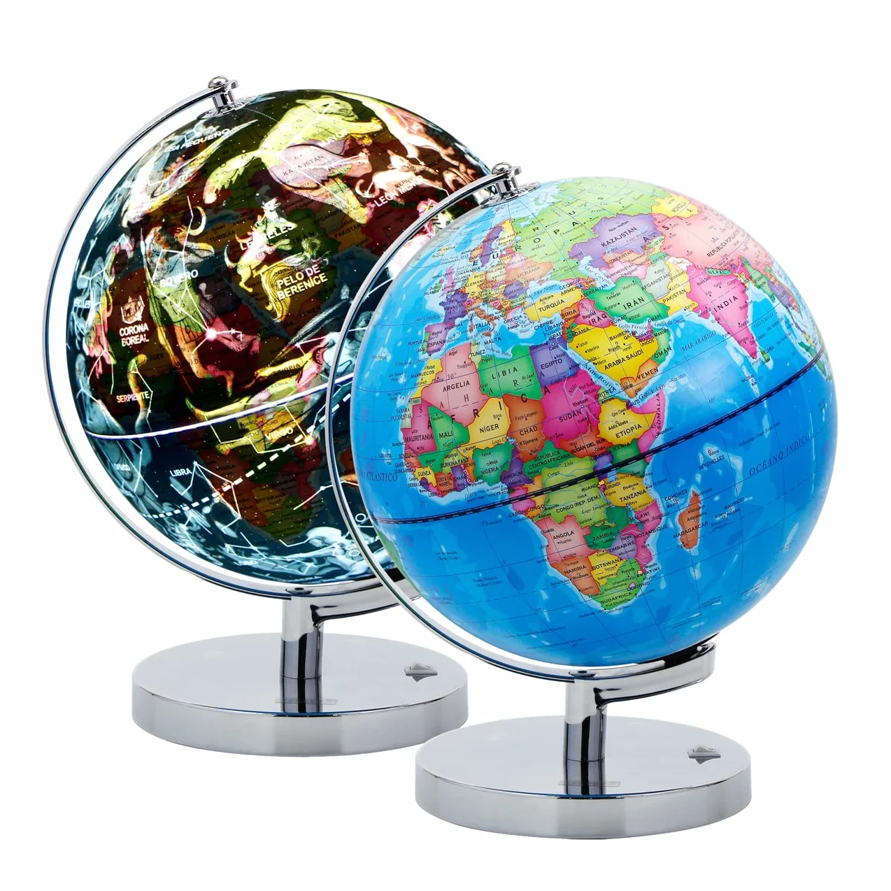 EXERZ Globo Terráqueo Iluminado 23 cm Mapa Español Y Constelaciones Lámpara LED Sin Cable Base Metálica Cromada Modo Día Noche